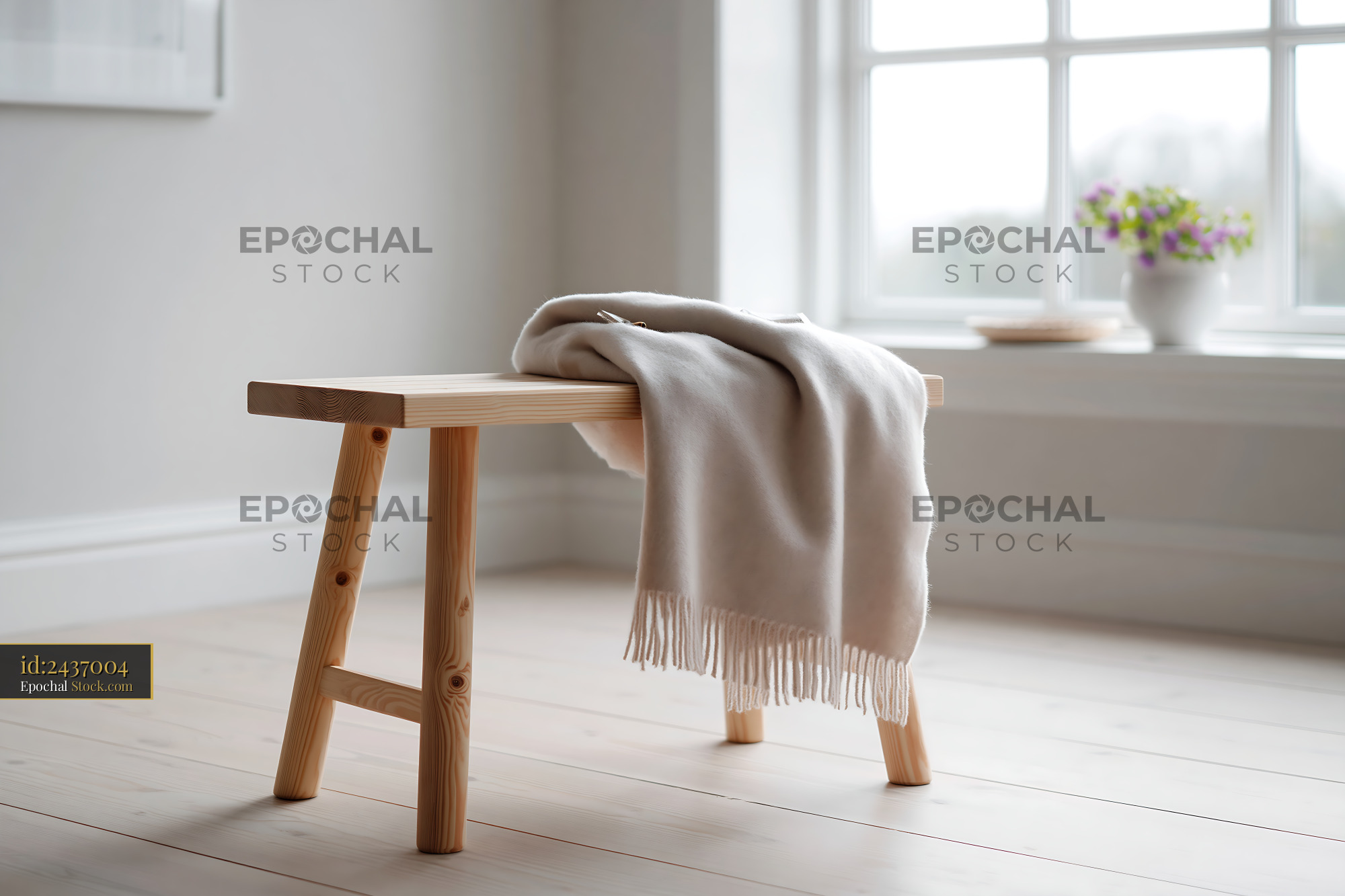 Minimalist wooden seat with throw blanket in a sunlit room - stock photo
