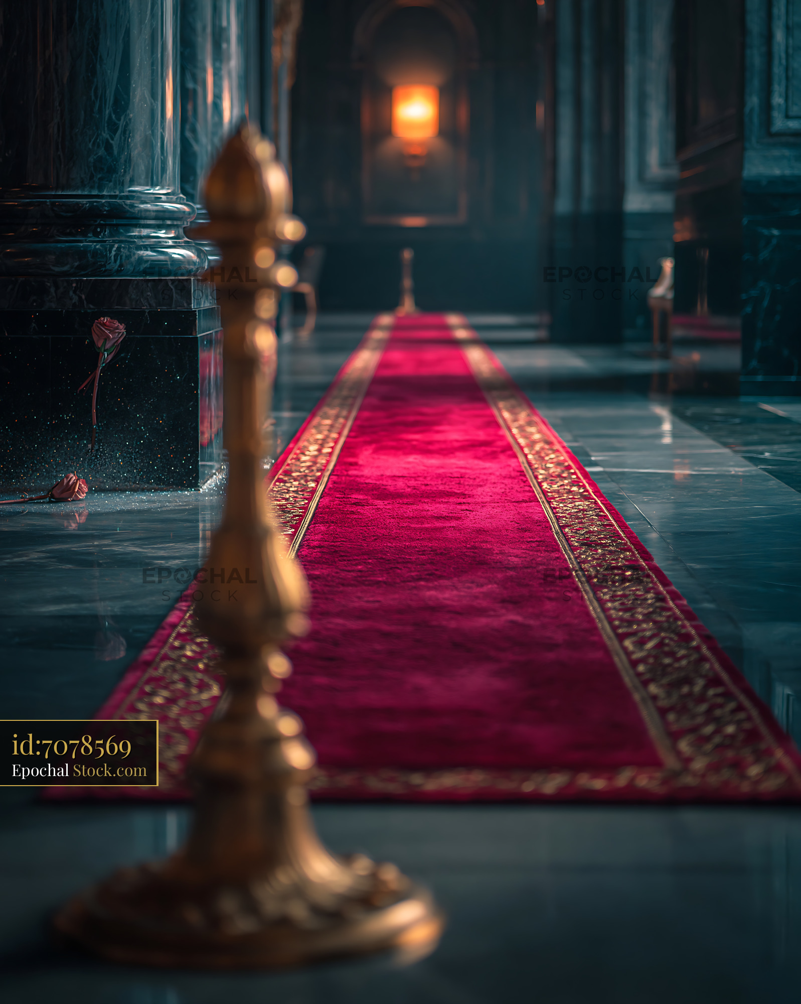 Ornate red carpet in a dark empty marble hallway with a glowing light