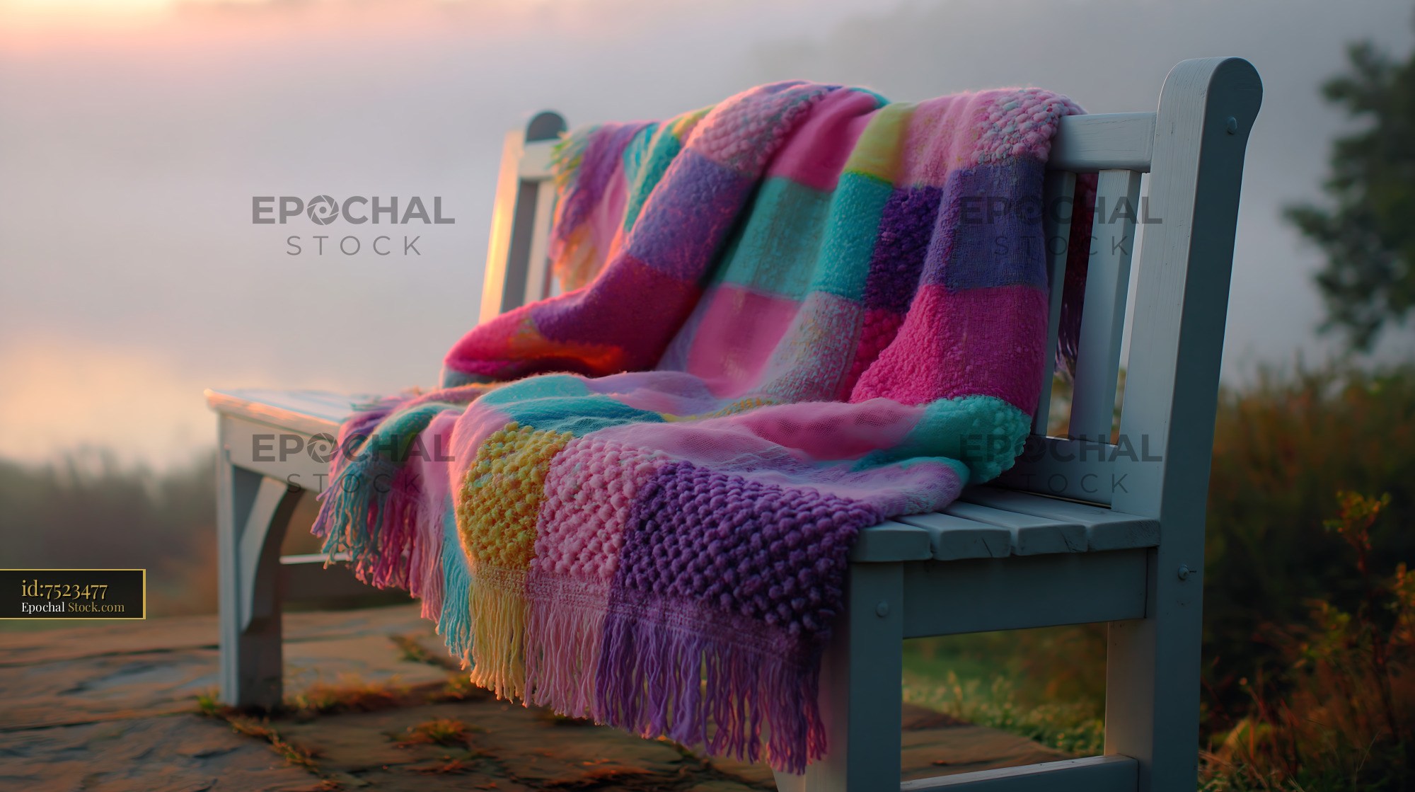 Colorful striped throw on white wooden bench during golden hour