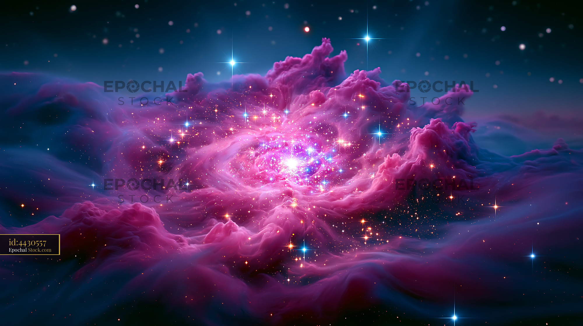 Vibrant pink M8 emission cloud with glowing stars in deep space - stock photo