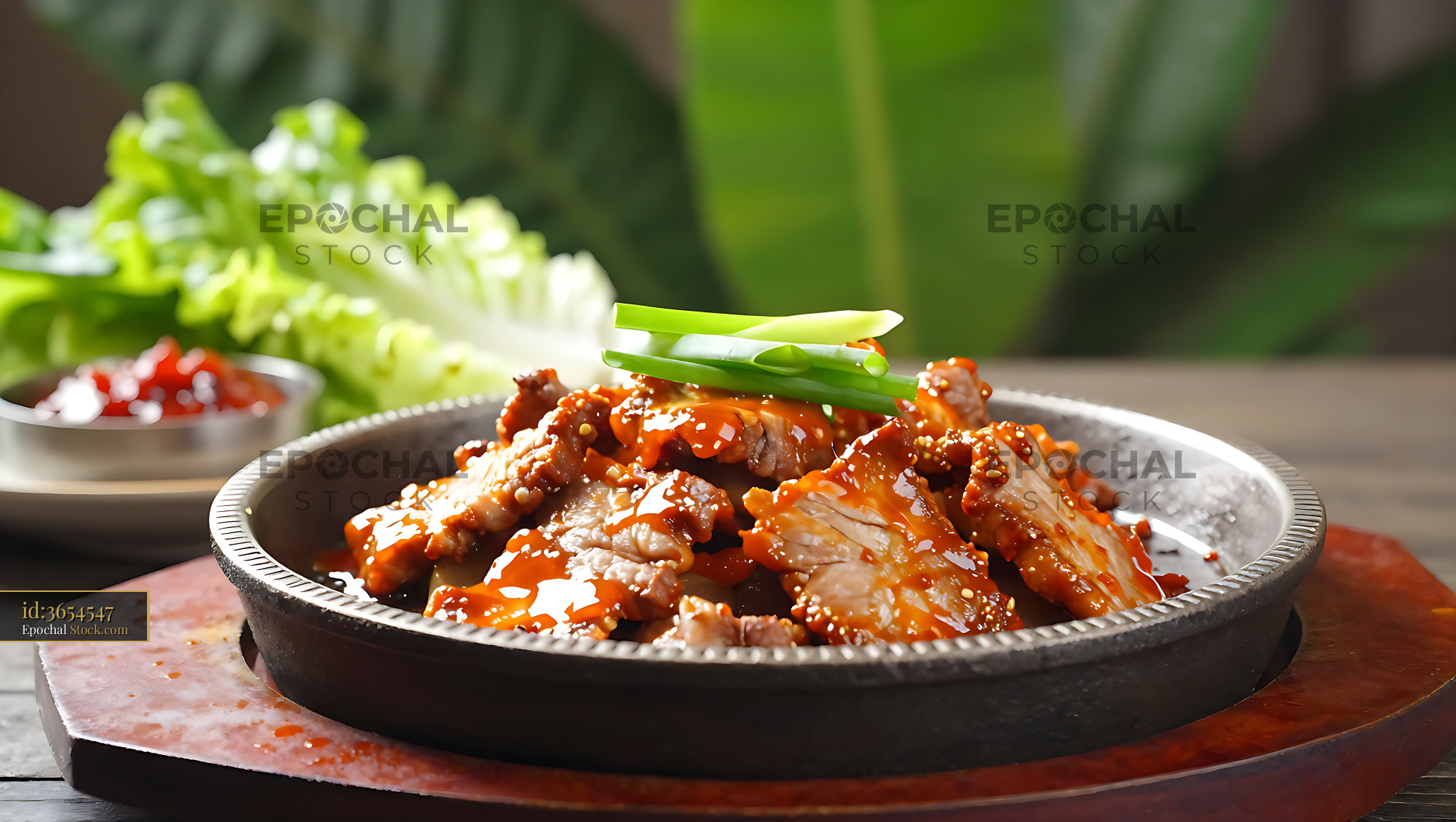 Jeolla Dwaeji Bulgogi served on a hot cast iron skillet with lettuce - stock photo