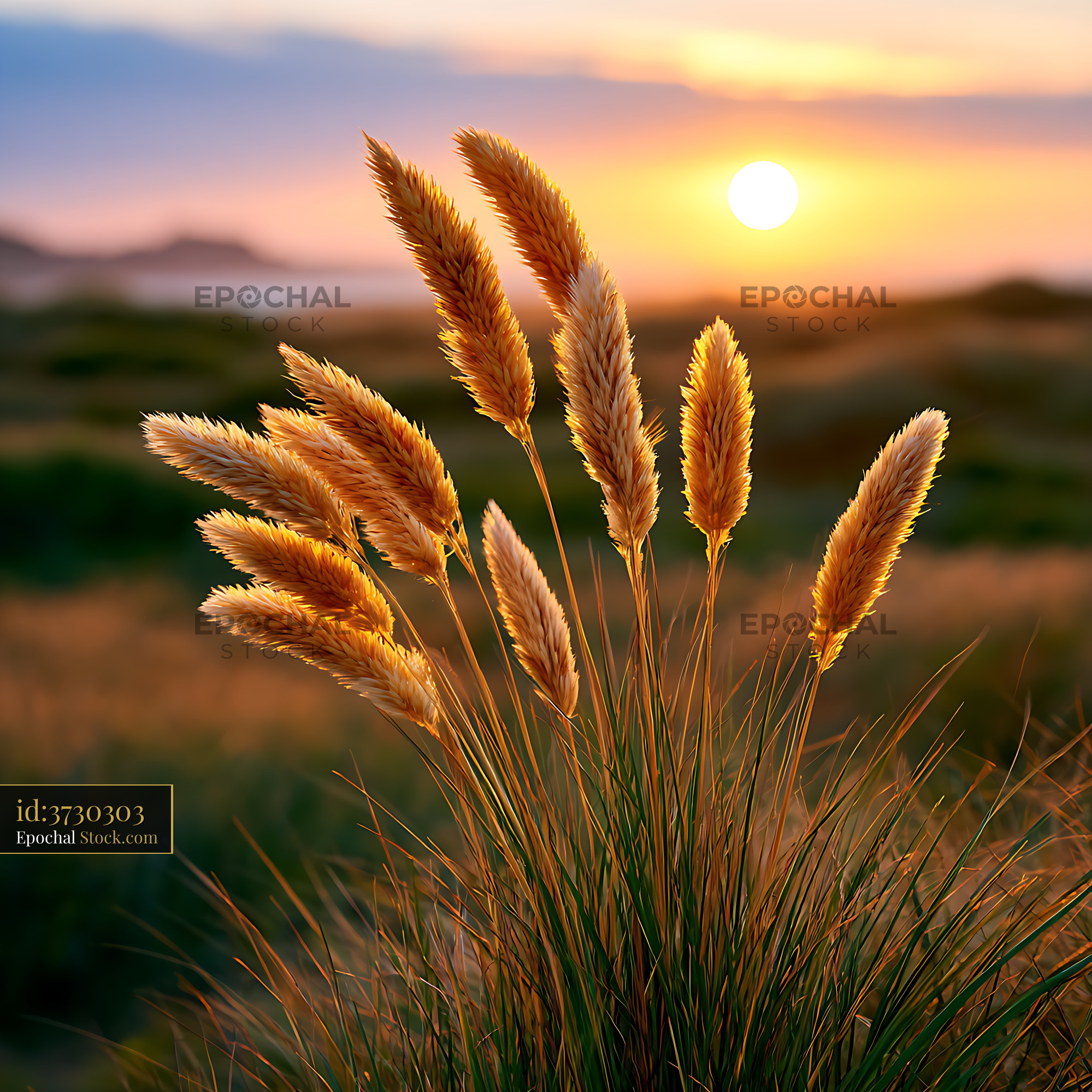 Golden pampas grass swaying in the wind during sunset at the beach - stock photo