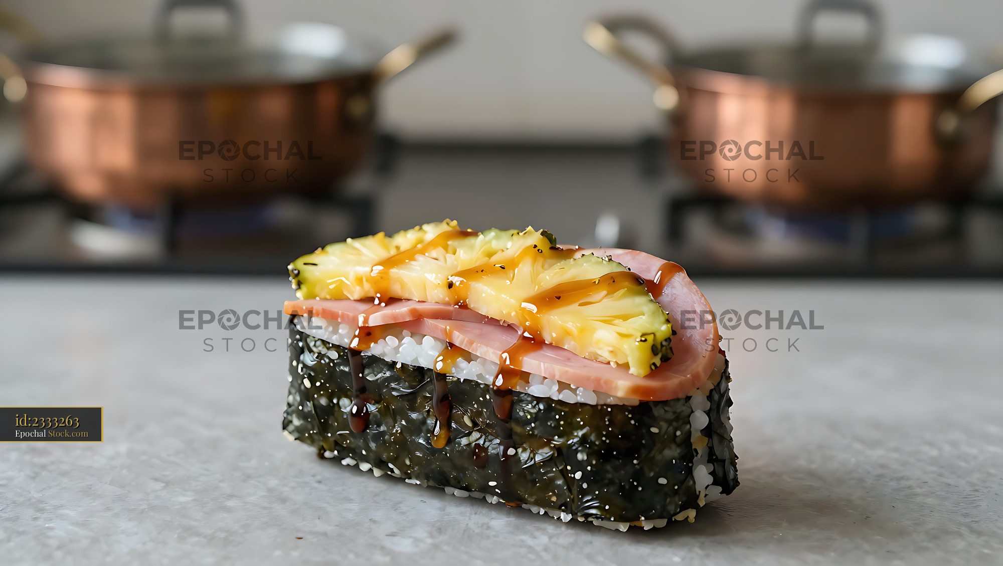 Hawaiian ham and pineapple musubi with sweet glaze in a kitchen - stock photo