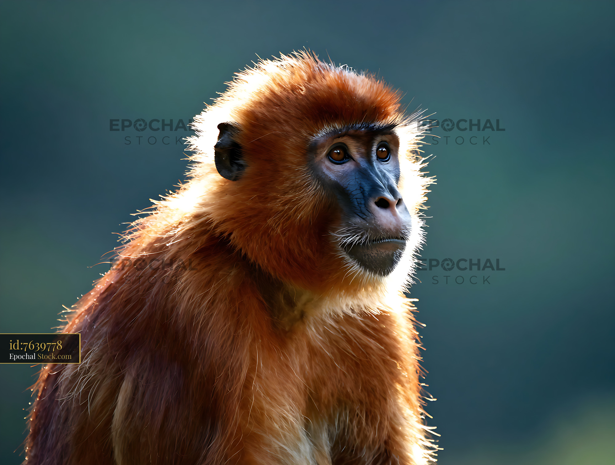 Patas monkey with golden fur illuminated by backlight in nature - stock photo