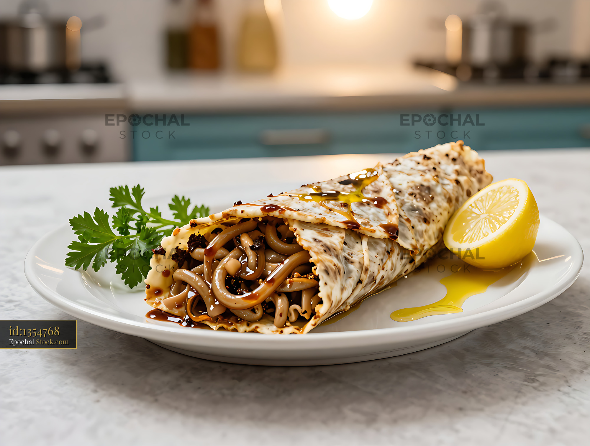 Syrian lamb shawarma wrap served with lemon and parsley in a kitchen - stock photo