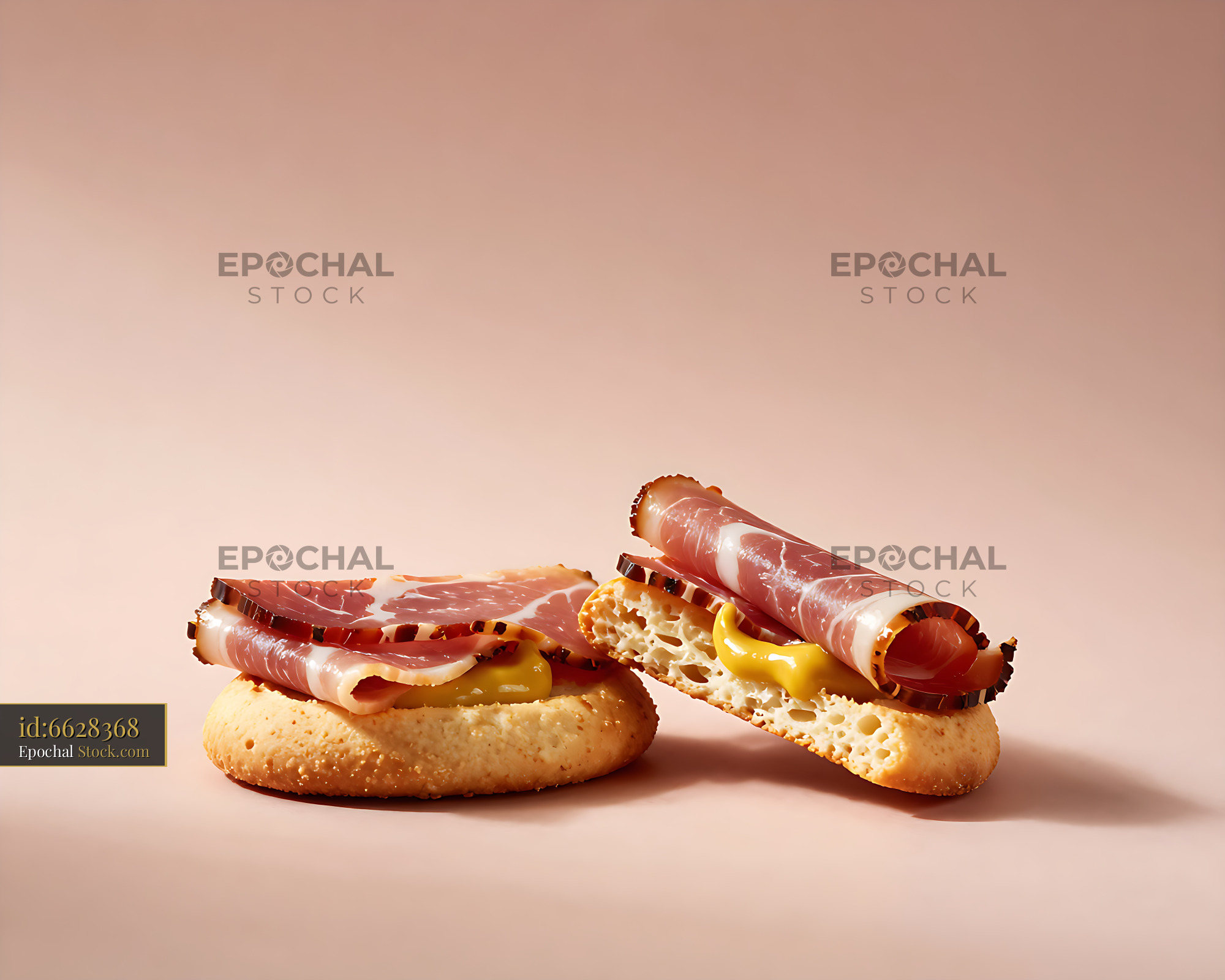 Traditional ham biscuits with mustard on a soft pink background - stock photo