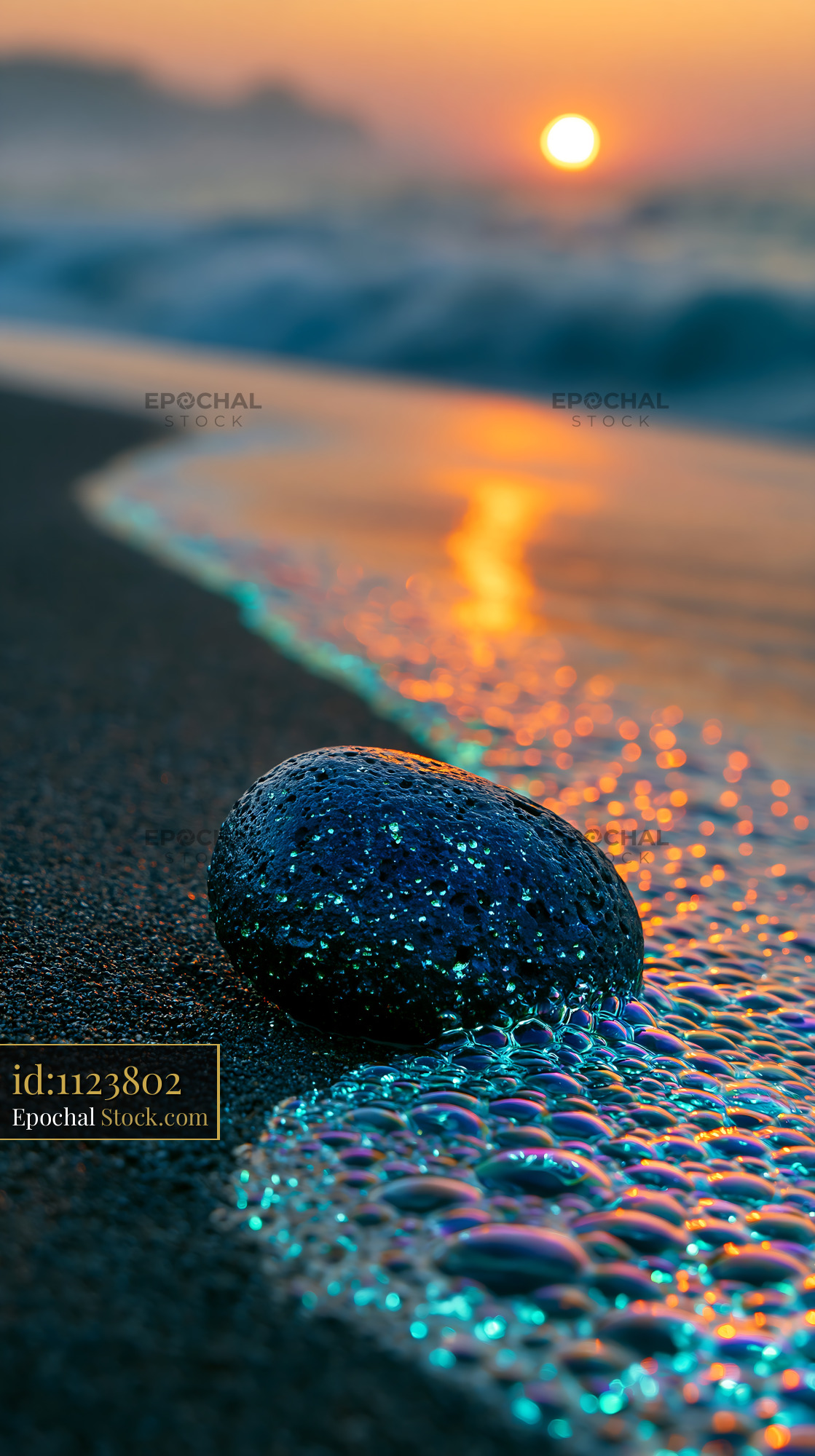Volcanic lava stone on Stromboli black sand shore at sunset - stock photo