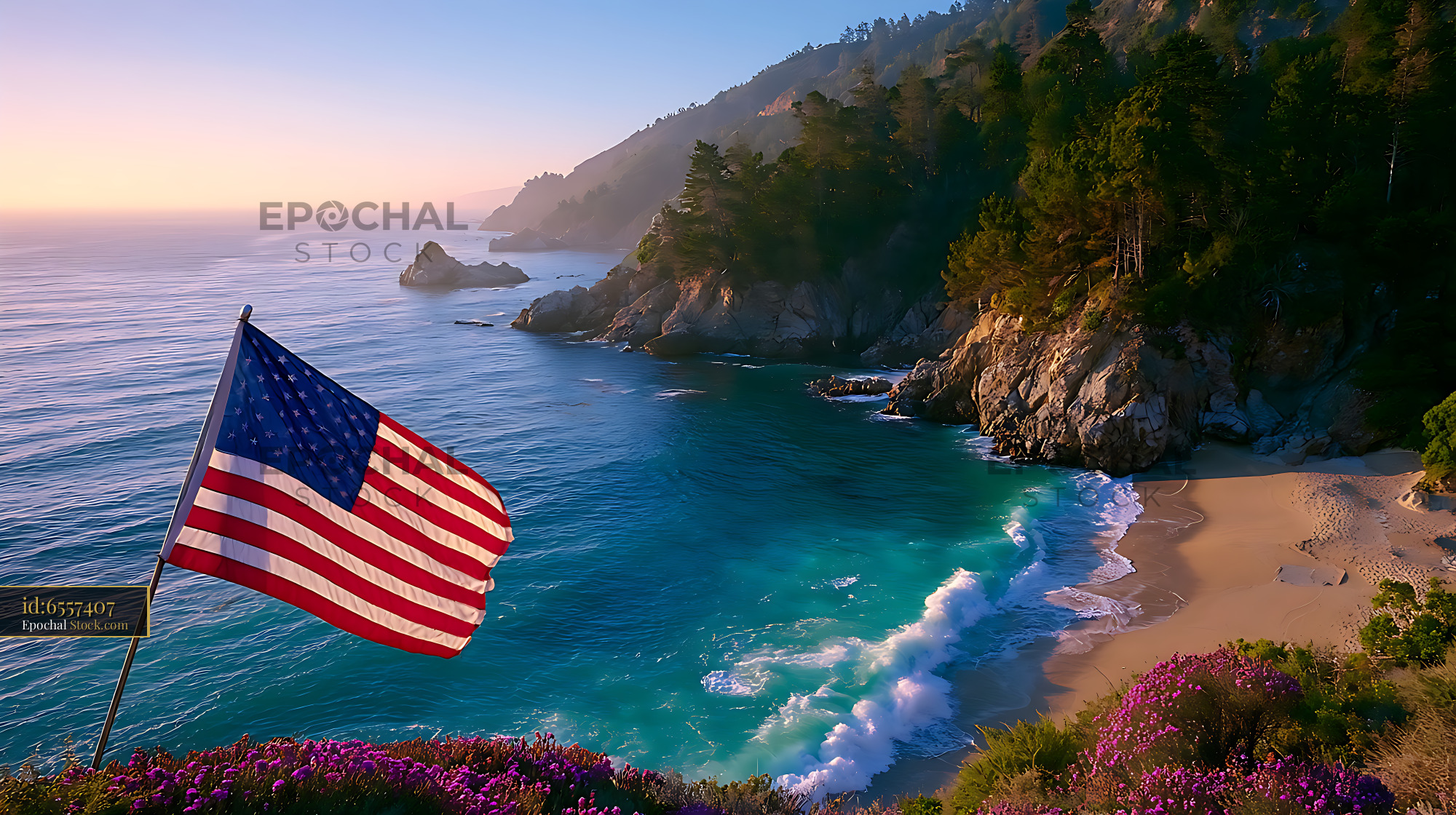 American flag waving over Big Sur coastline at sunset - stock photo