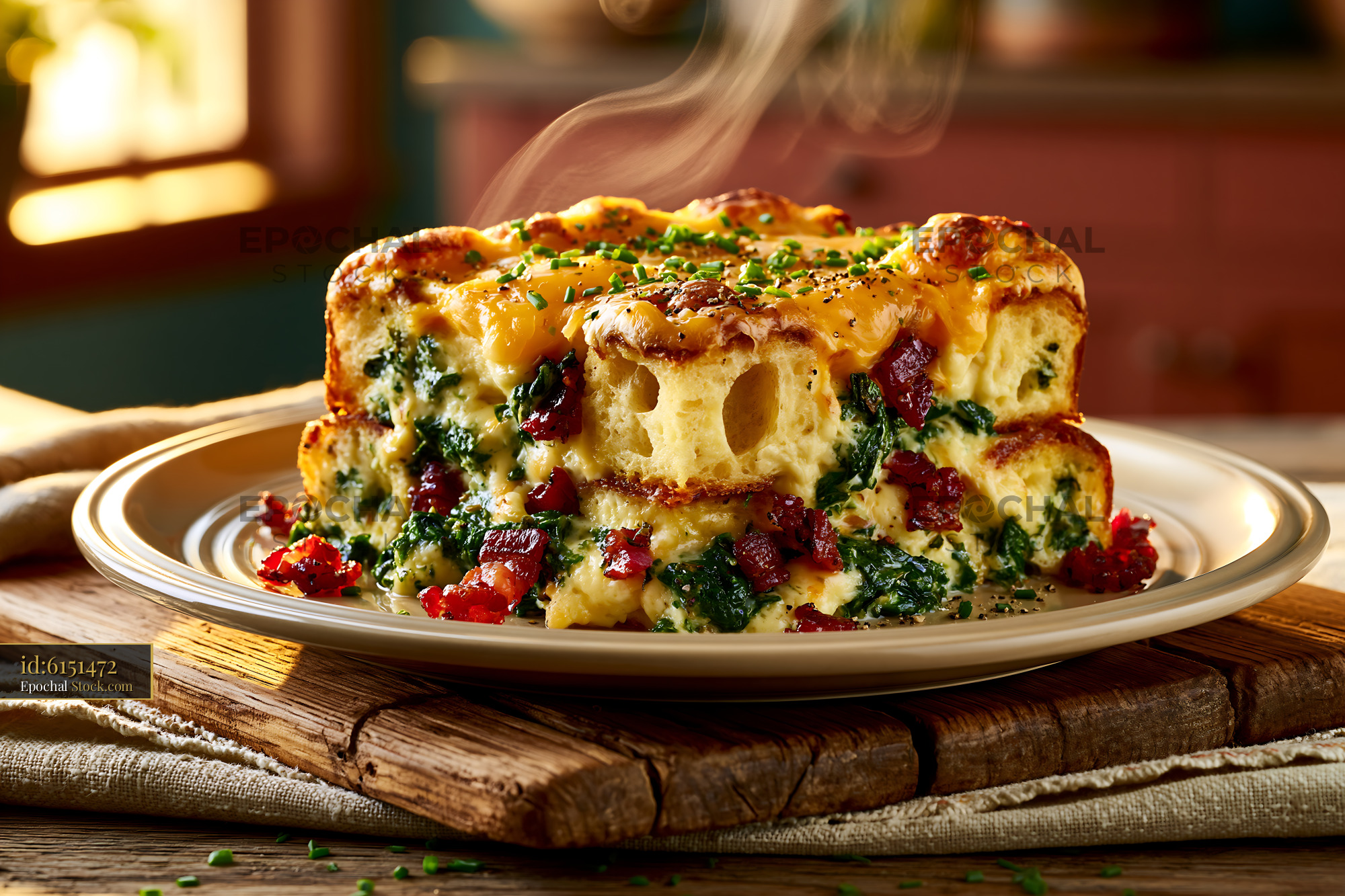 Savory strata egg food with spinach and bacon on a wooden board - stock photo