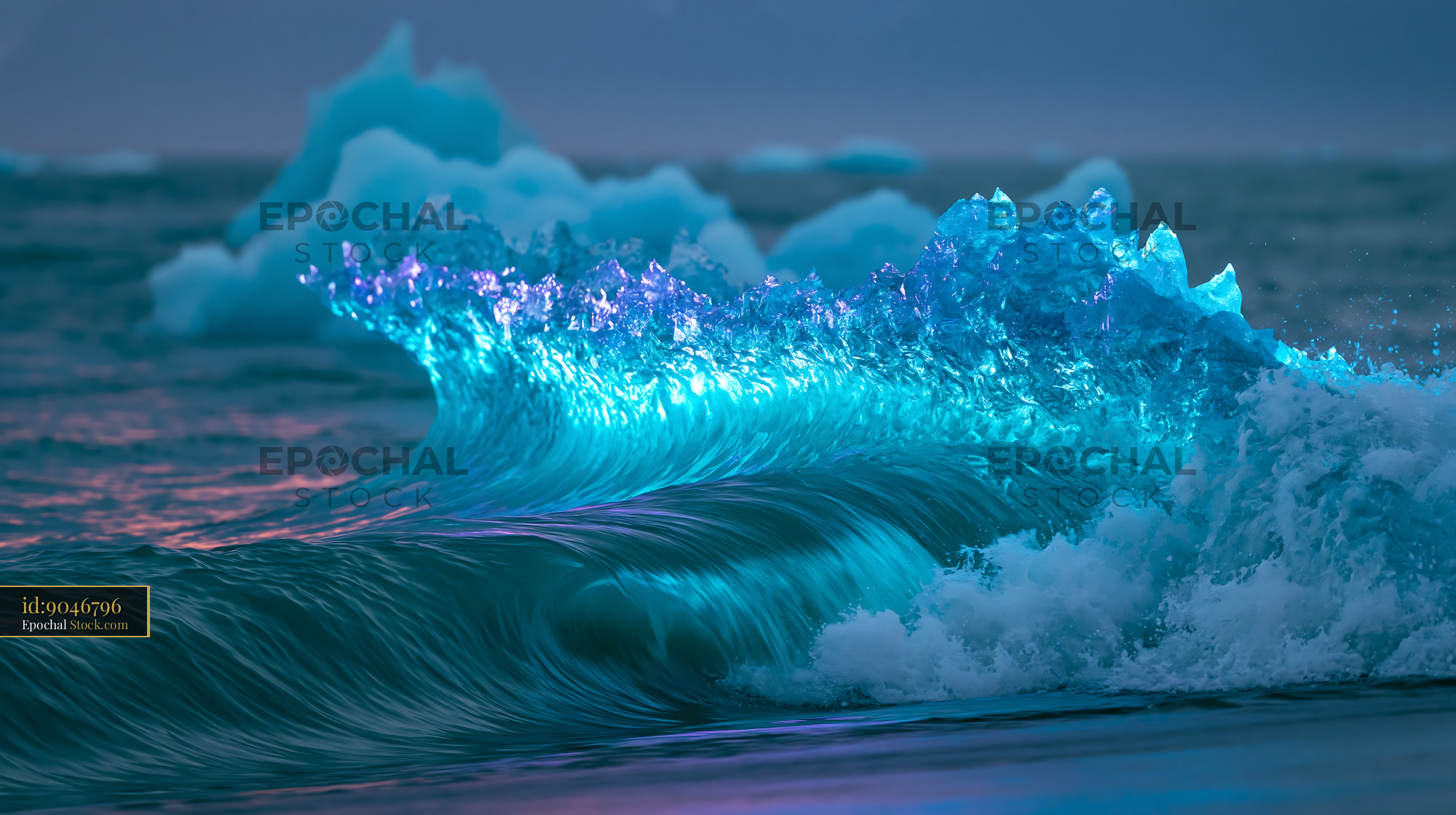 Glowing blue ice fragment drifting in arctic waters at twilight - stock photo