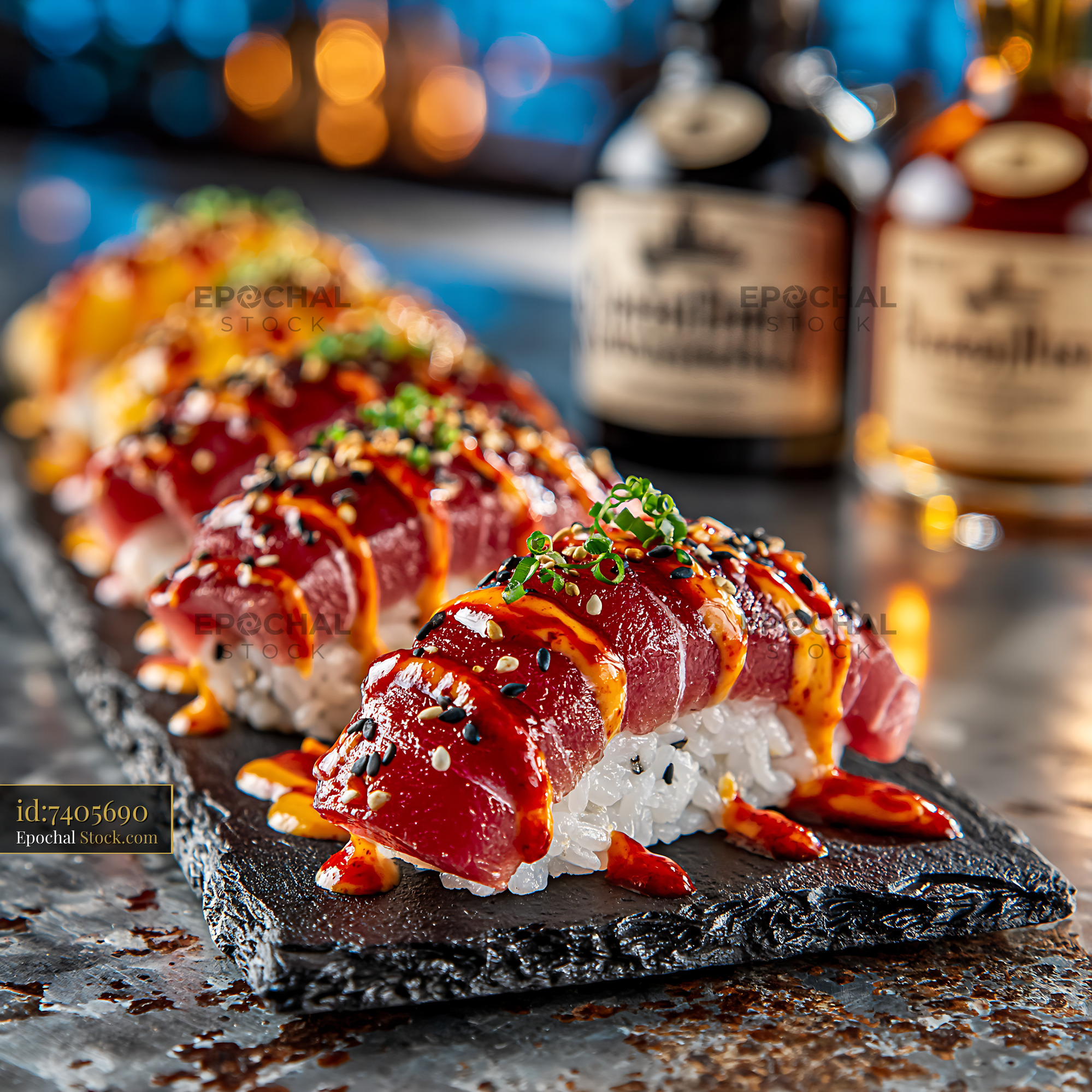 Fresh sriracha mayo tuna sushi served on a black stone plate - stock photo