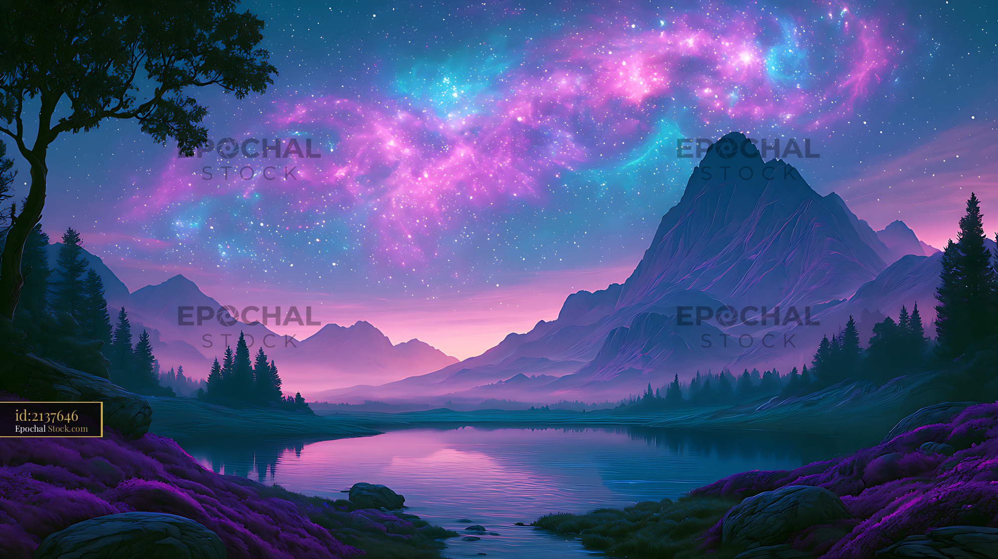 Vibrant galactic core over a calm highland tarn and mountains