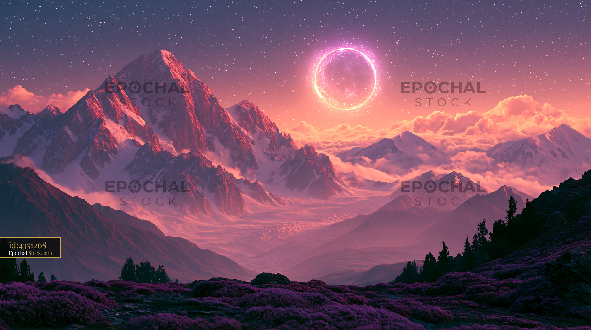 Majestic Pamir night landscape with glowing celestial ring over peaks - stock photo