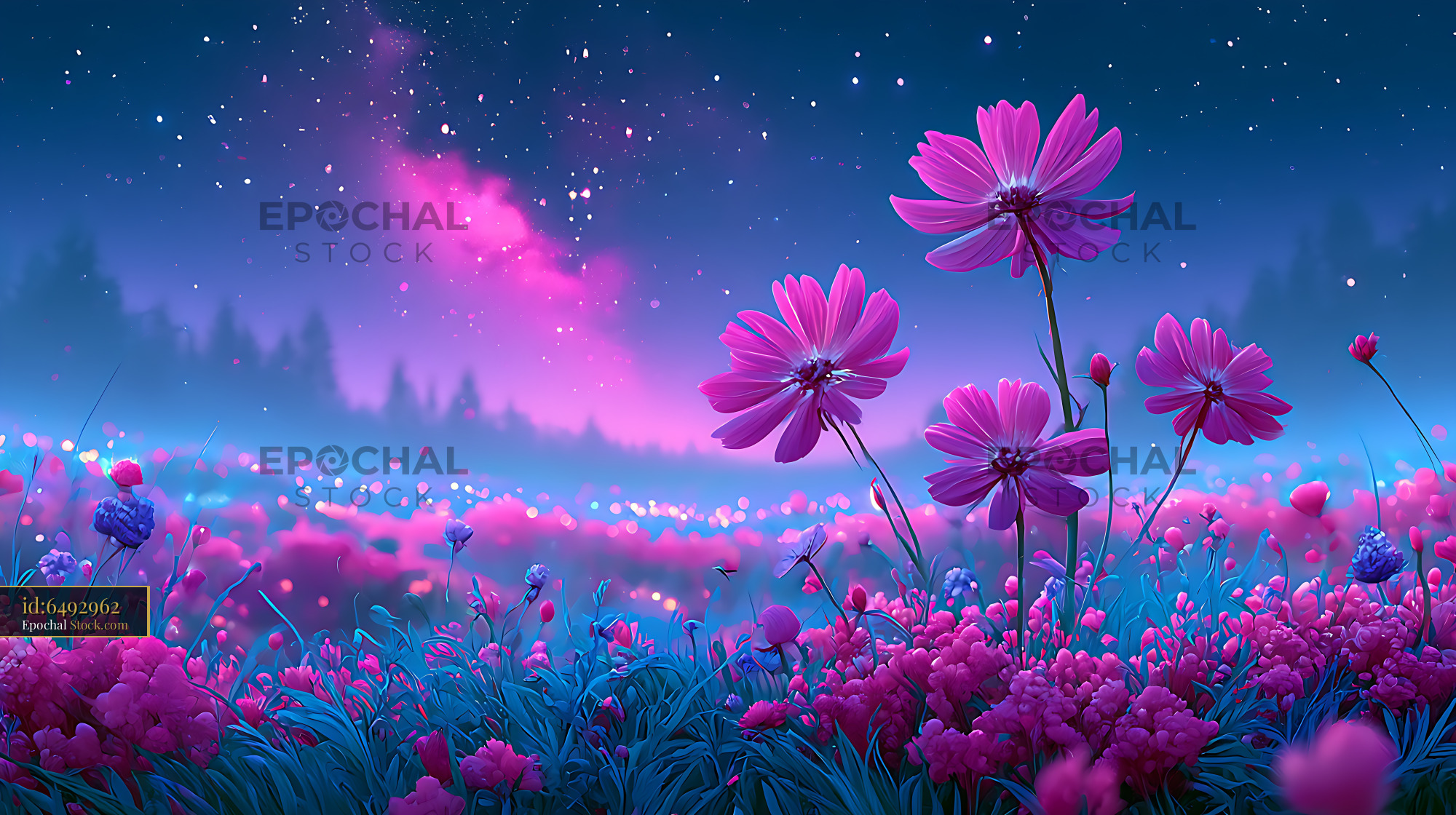 Pink wildflowers in a meadow under a vibrant milky way night sky - stock photo