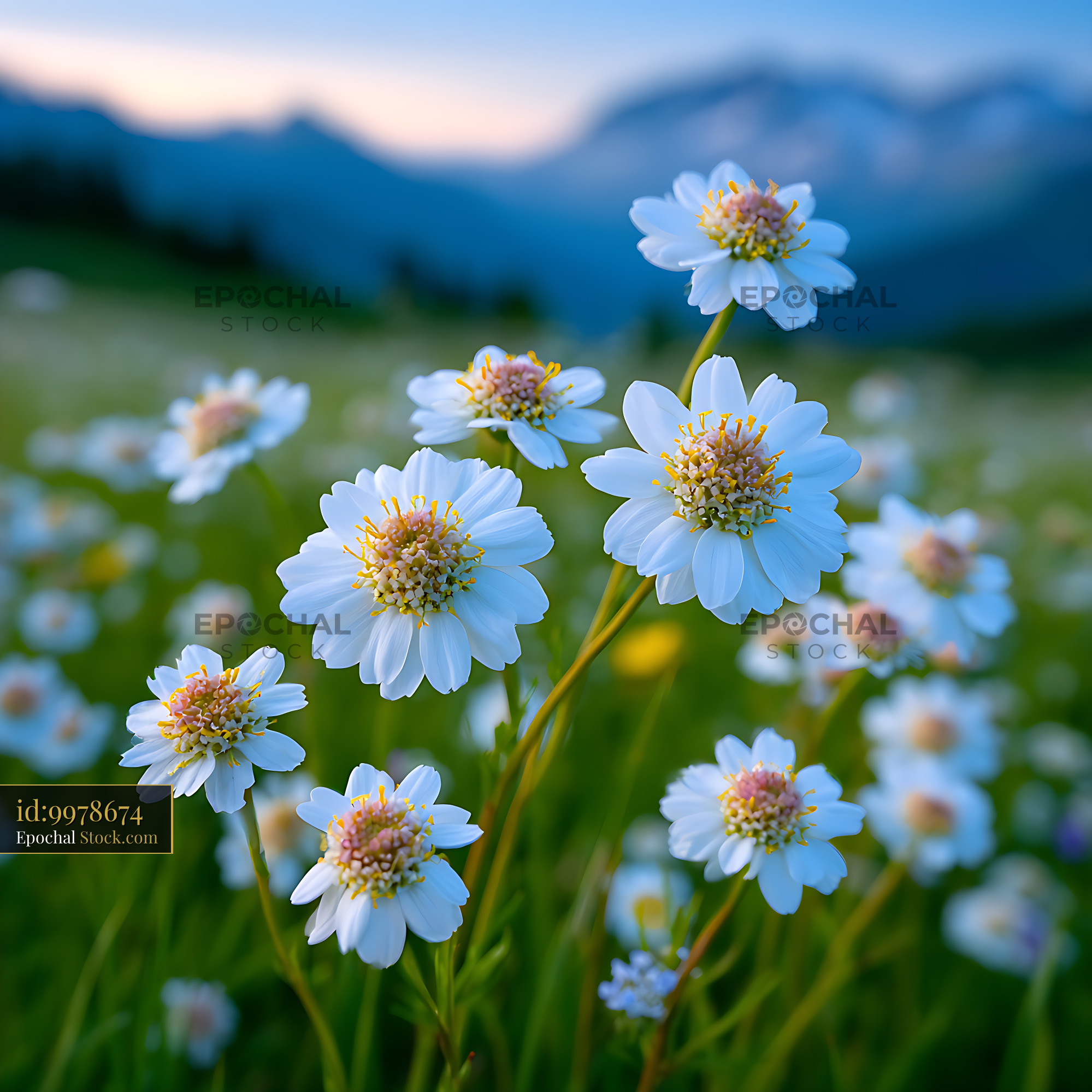 White alpine sneezewort flowers blooming in a mountain meadow at dusk - stock photo