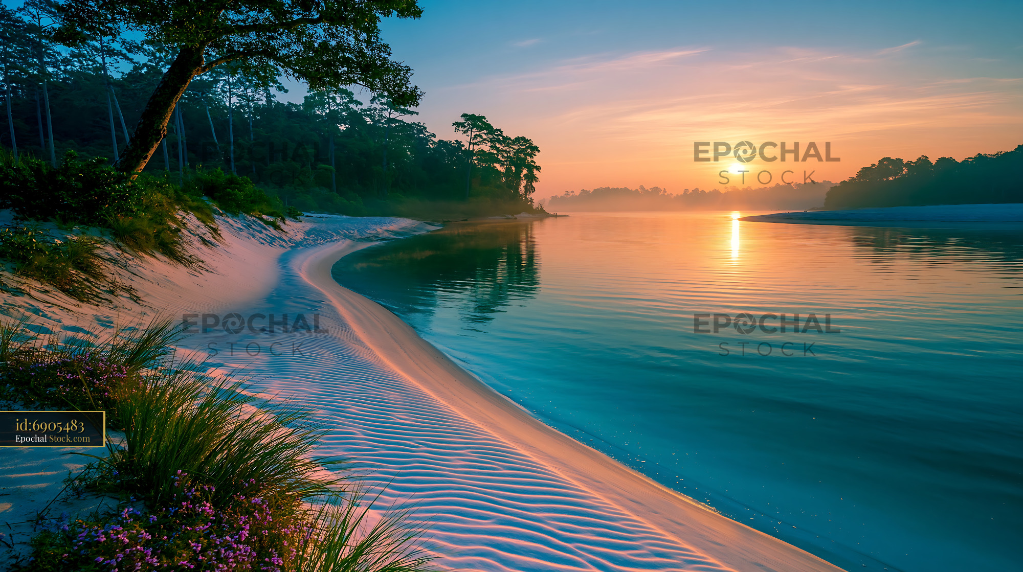Sunrise over a secret white sand cove with calm turquoise water - stock photo