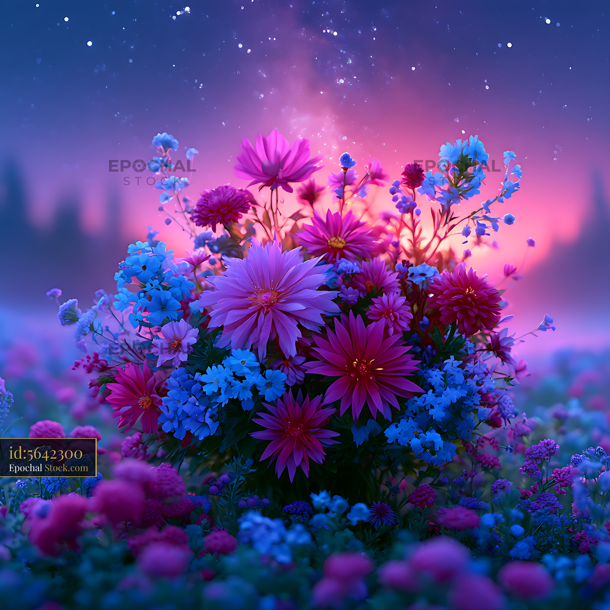 Milky way alpine wildflower bouquet under a starry night sky - stock photo