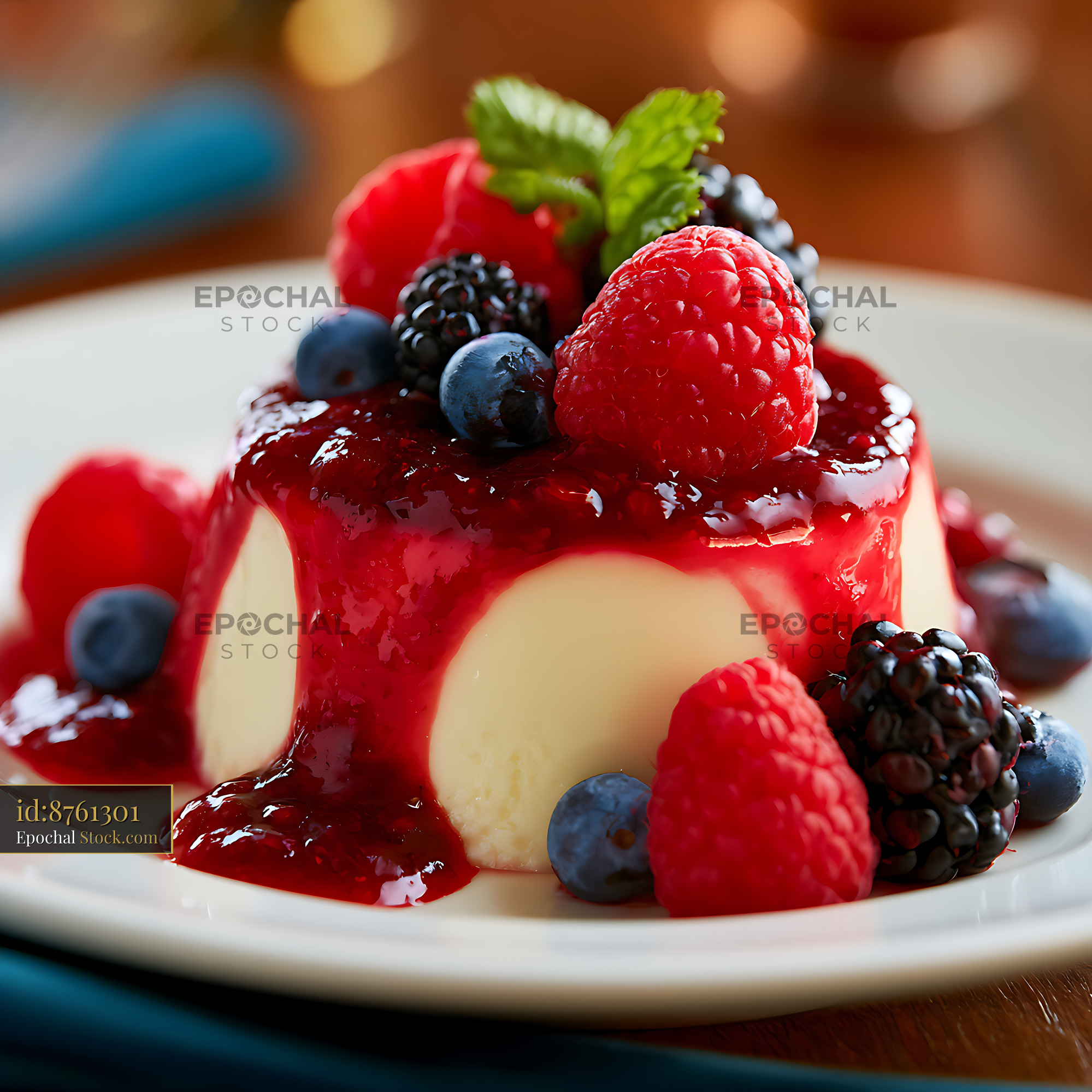 Creamy panna cotta with berry sauce and fresh mixed berries - stock photo