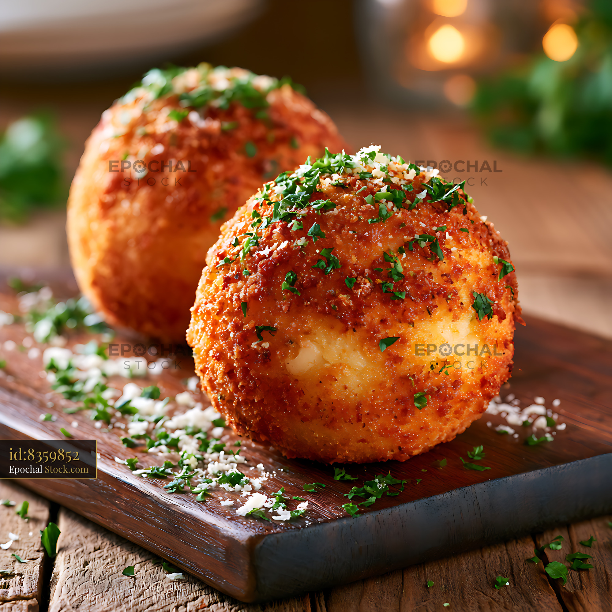 Two golden arancini sicilian rice balls served on a wooden board - stock photo