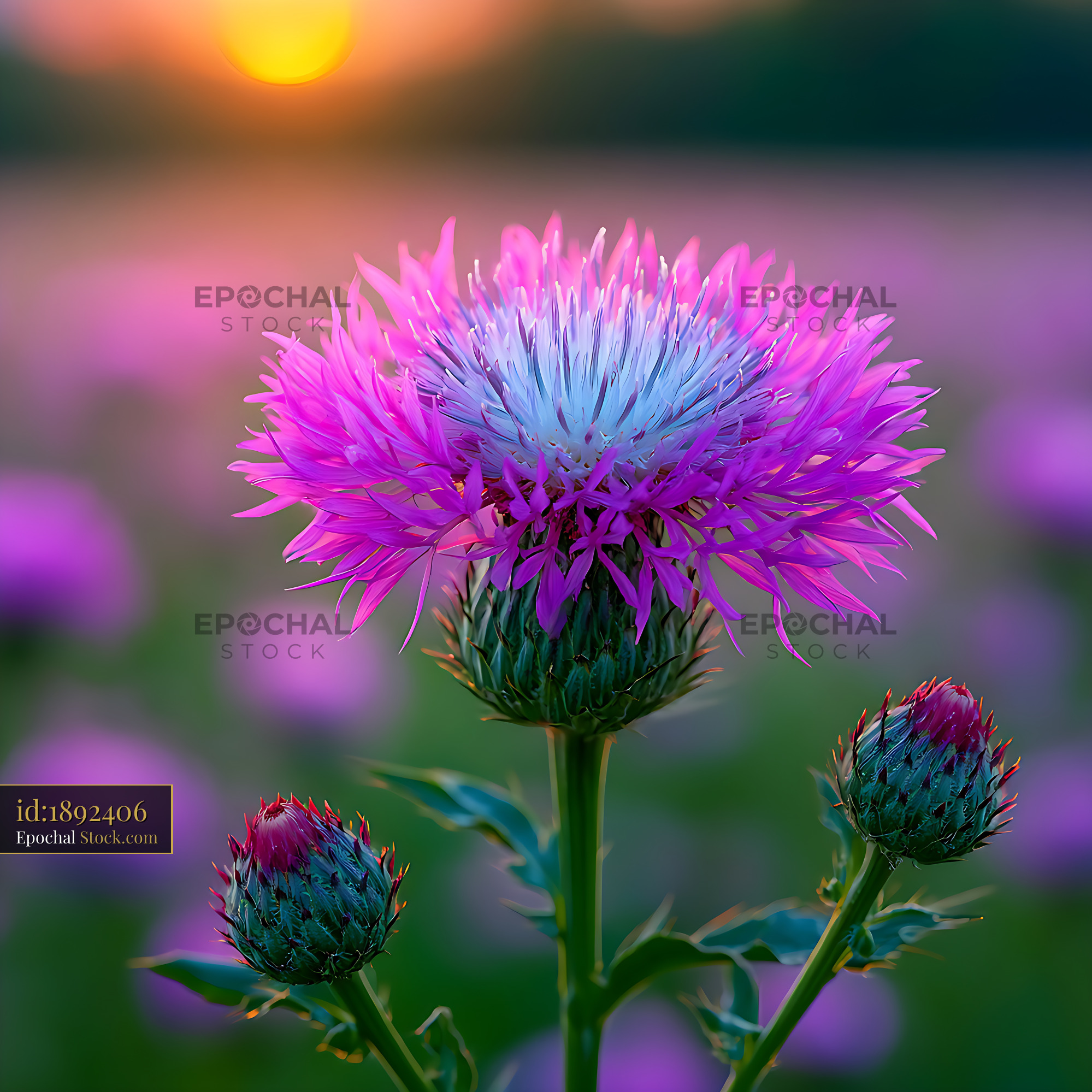 Meadow knapweed purple summer flower blooming in a field at sunset - stock photo
