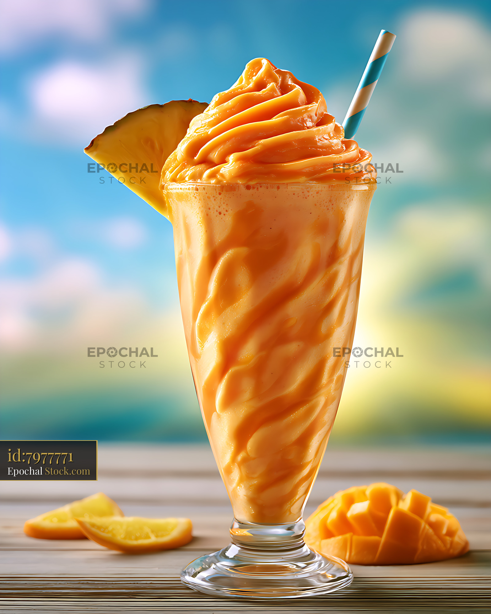 Mango tropical milkshake with pineapple garnish on a sunny beach - stock photo