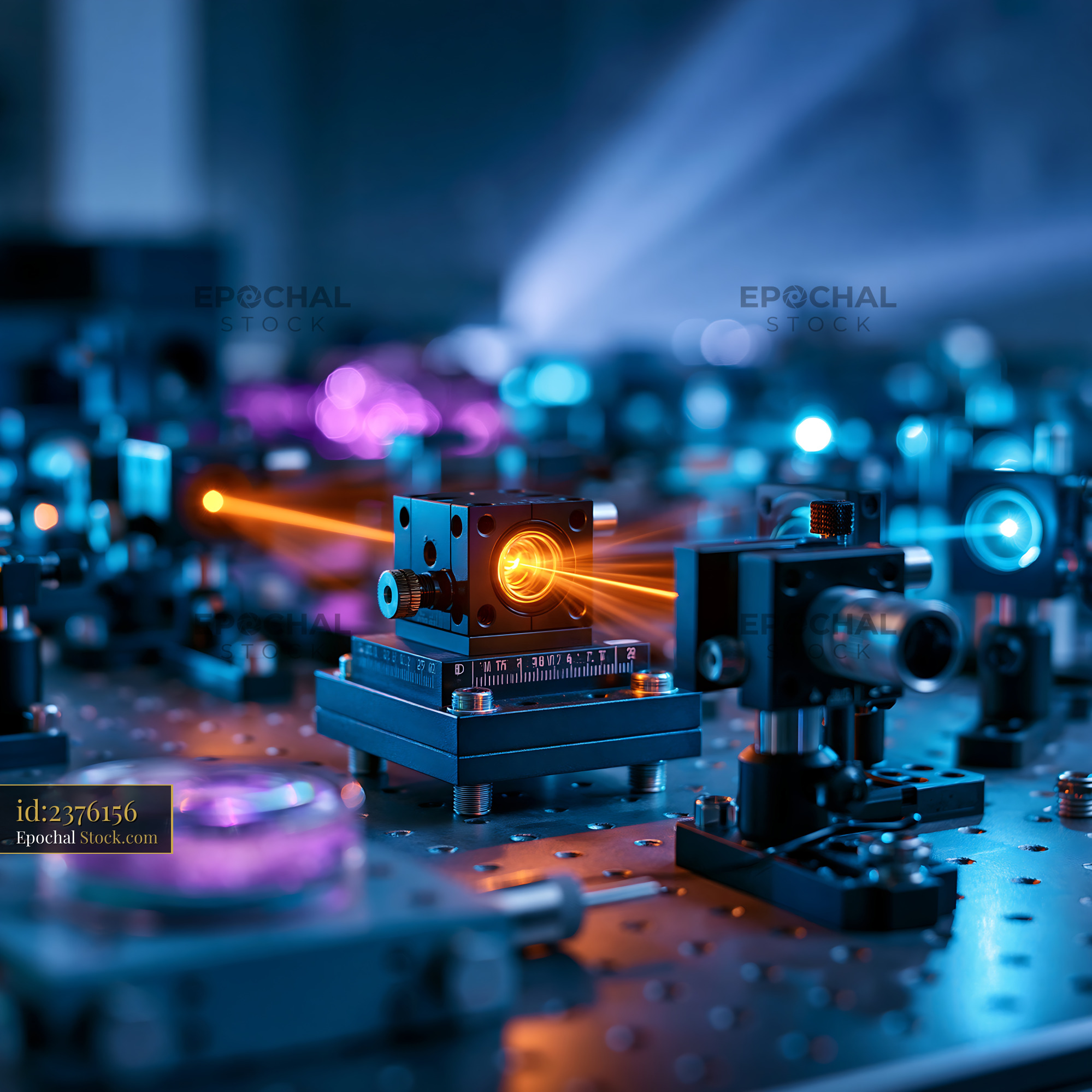 Laser beam experiment in a quantum physics and optics laboratory - stock photo