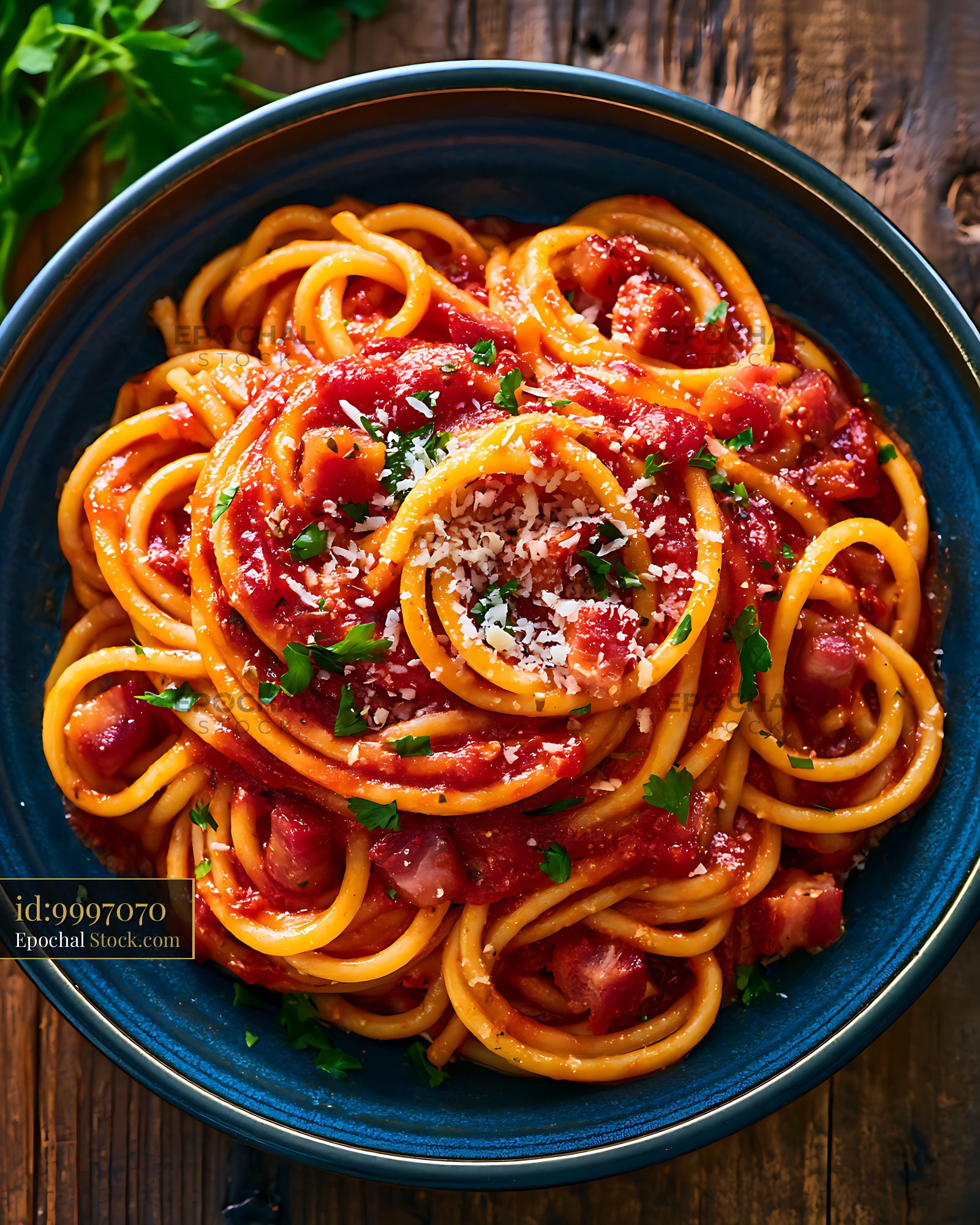 Traditional pasta amatriciana with crispy guanciale and tomato sauce - stock photo