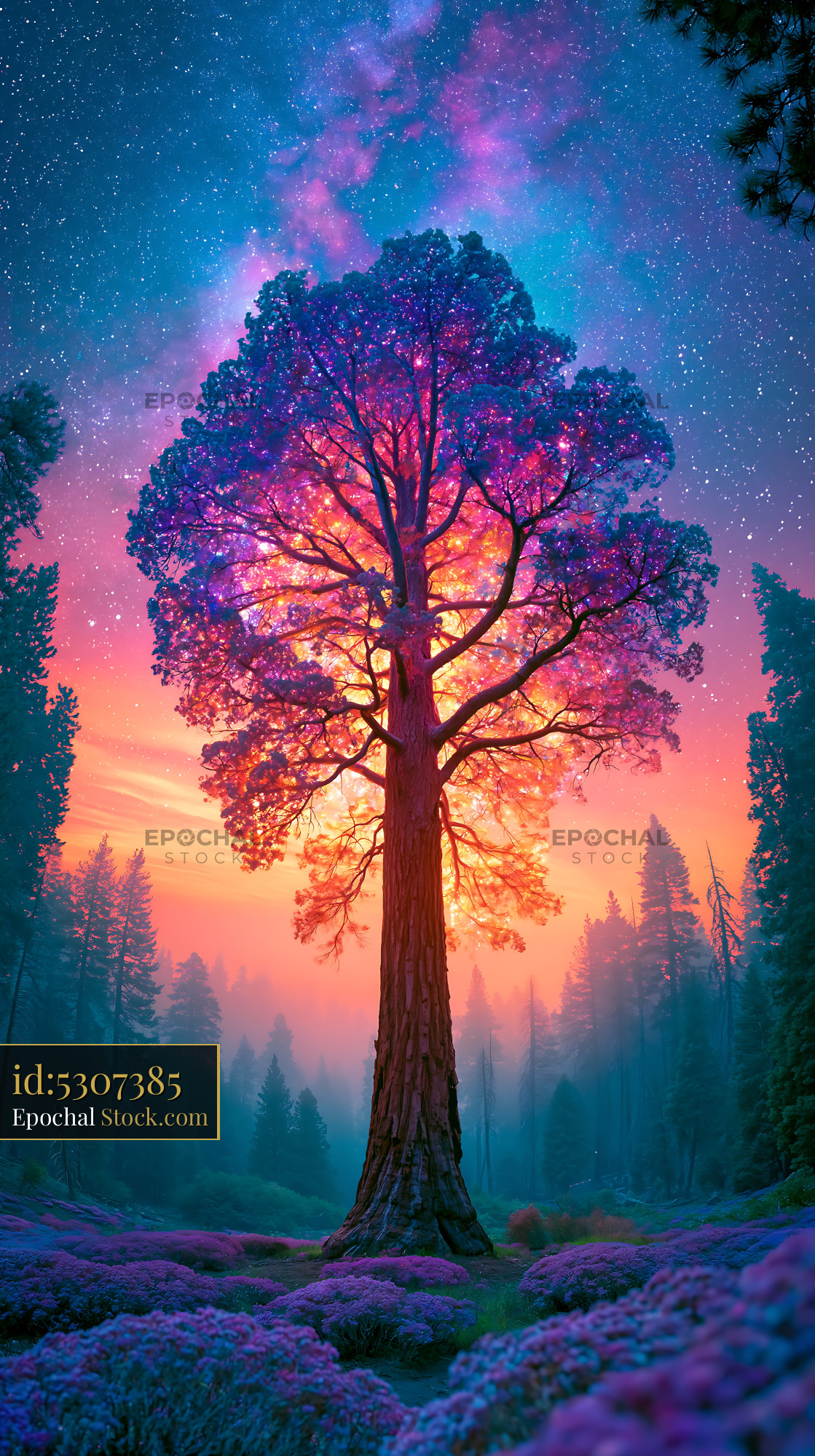 Glowing sequoia tree under a cosmic night sky in the accursed mountain - stock photo
