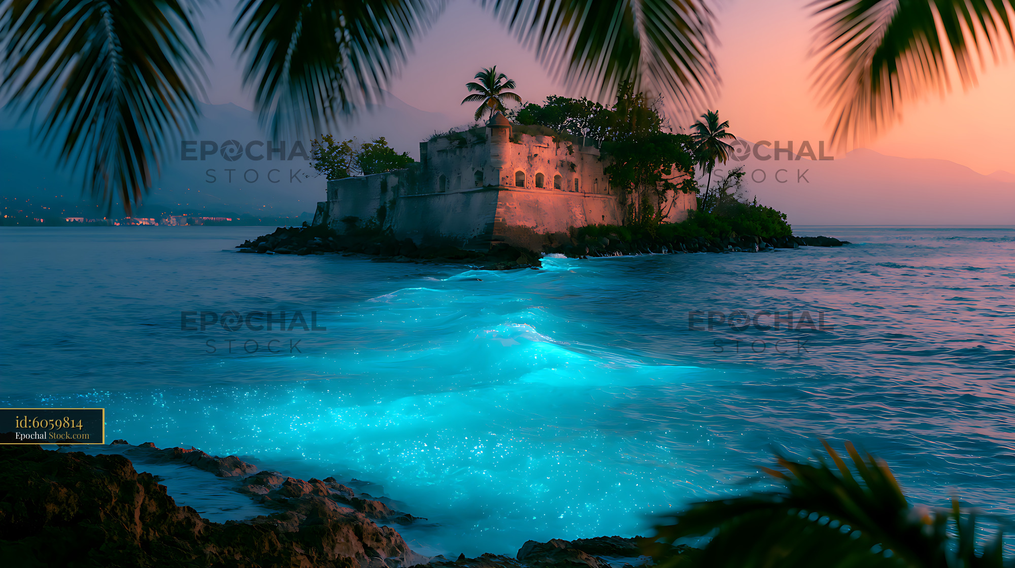 Historic stone fort on Pigeon Island with glowing waves at sunset - stock photo