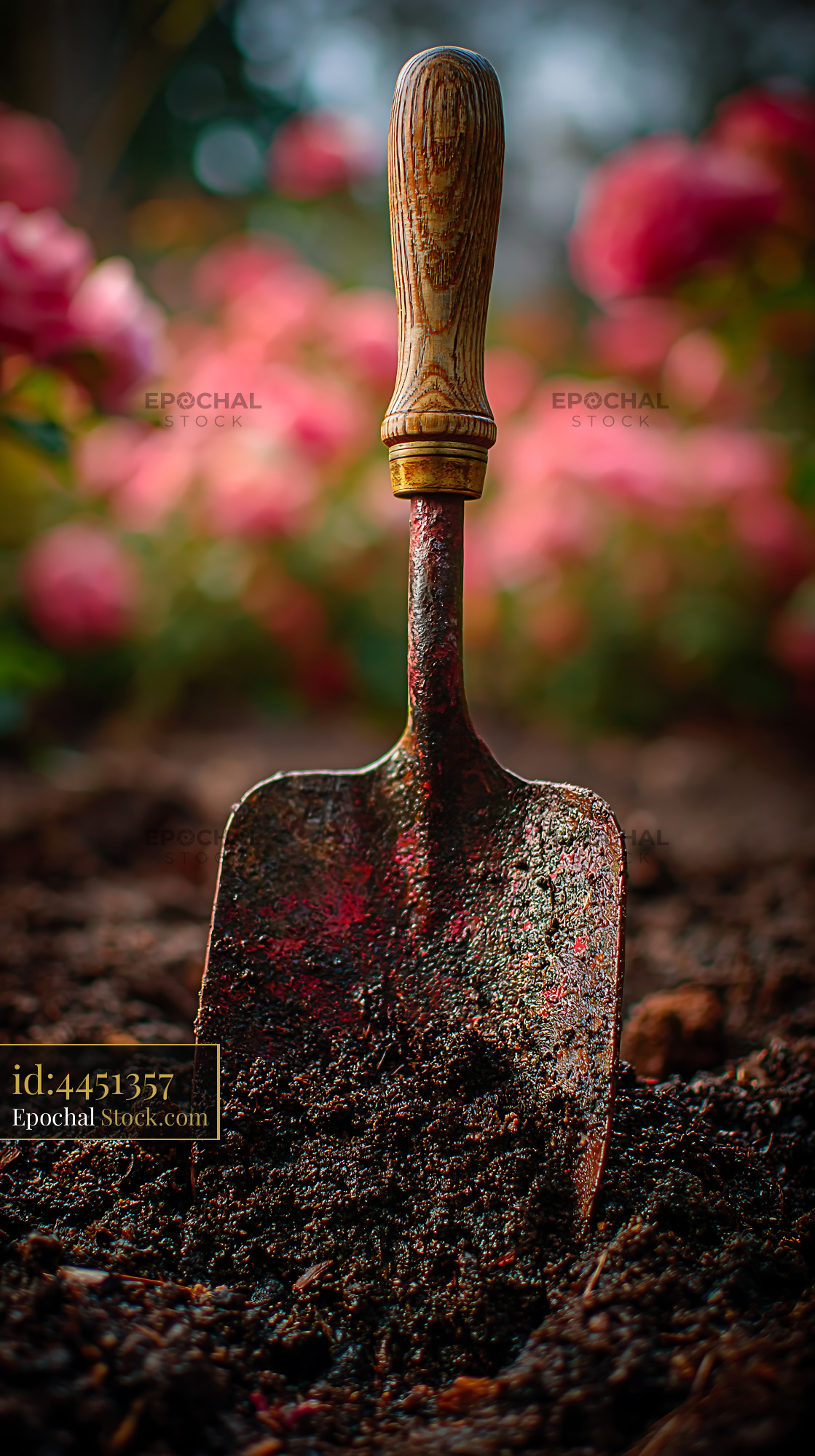 Vintage garden spade in dark soil with pink roses in the background - stock photo