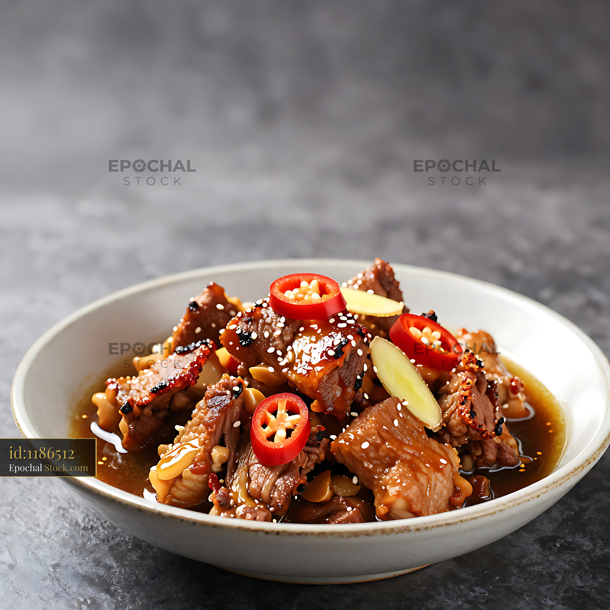 Spicy Bicol Express with pork and coconut milk in a ceramic bowl - stock photo