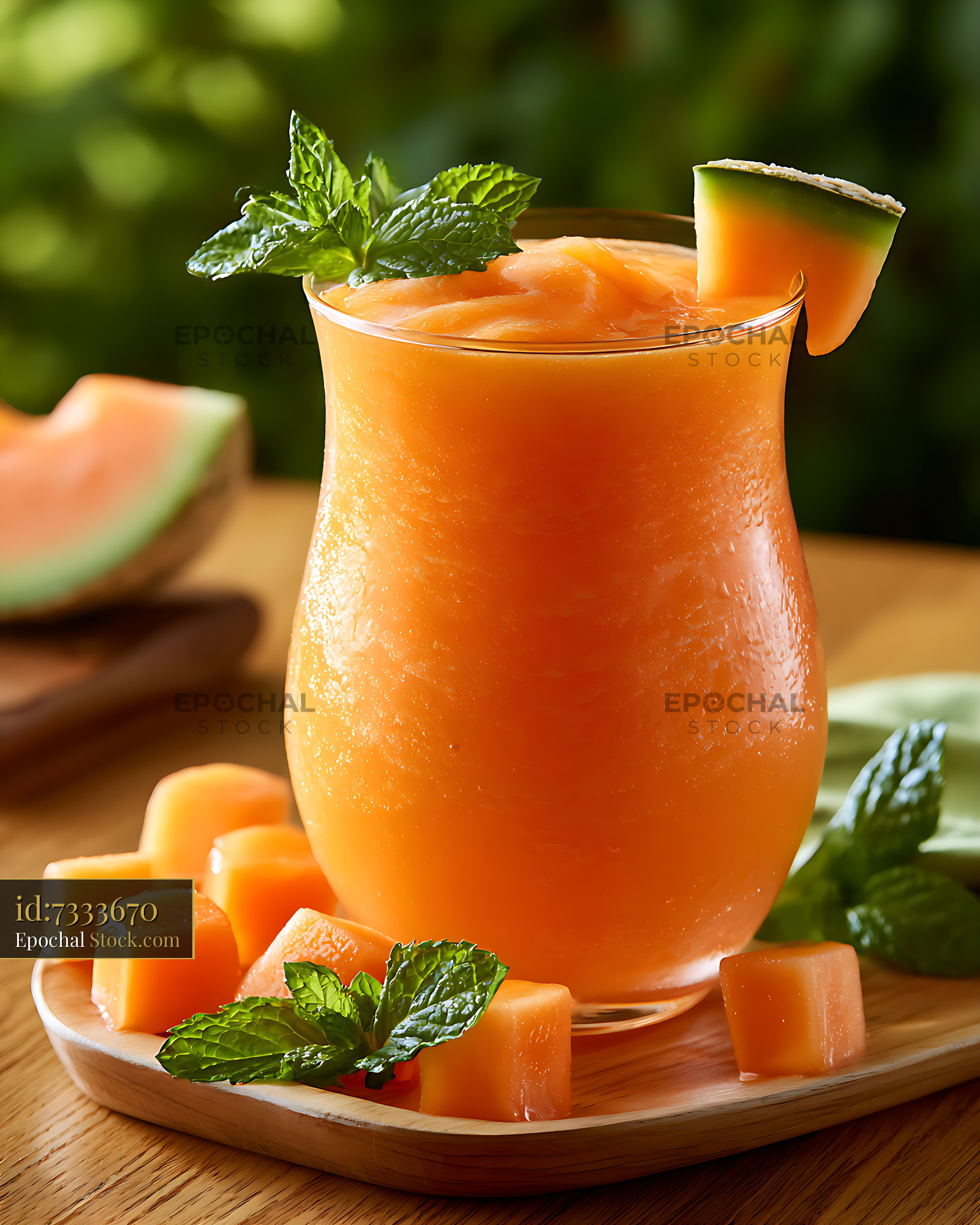 Refreshing cantaloupe smoothie with mint garnish on a sunny garden tab - stock photo