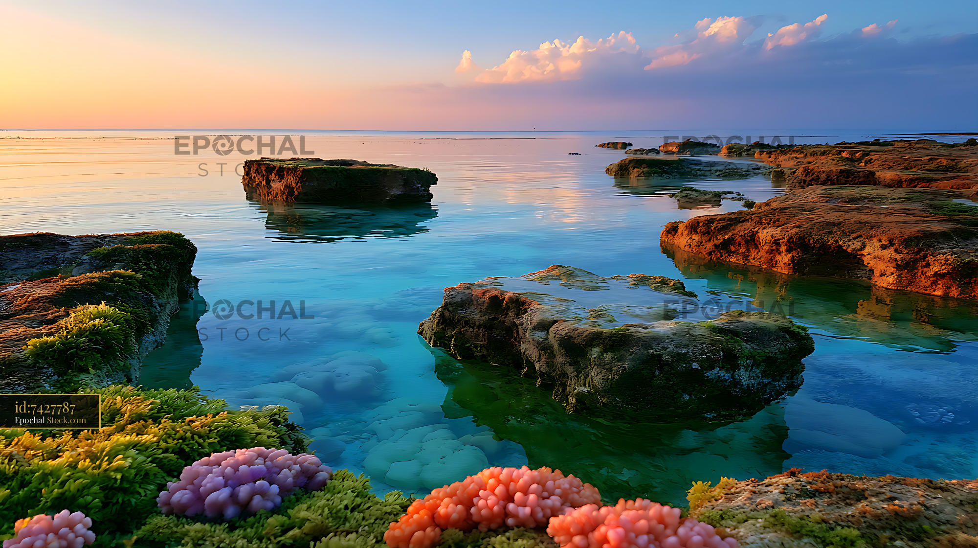 Vibrant corals on a rocky ridge during low tide at golden hour - stock photo