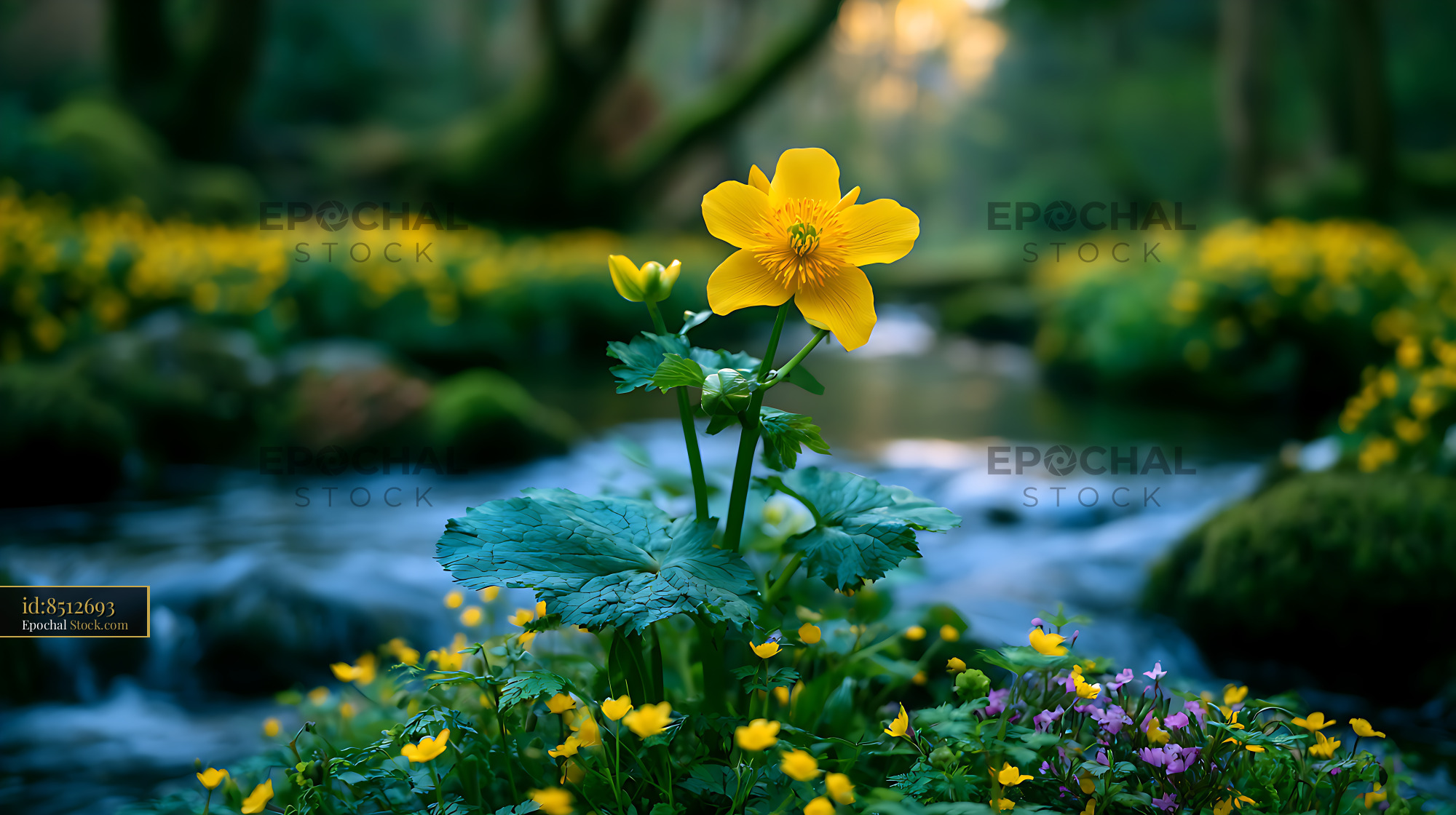 Welsh marsh marigold blooming by a flowing forest stream - stock photo