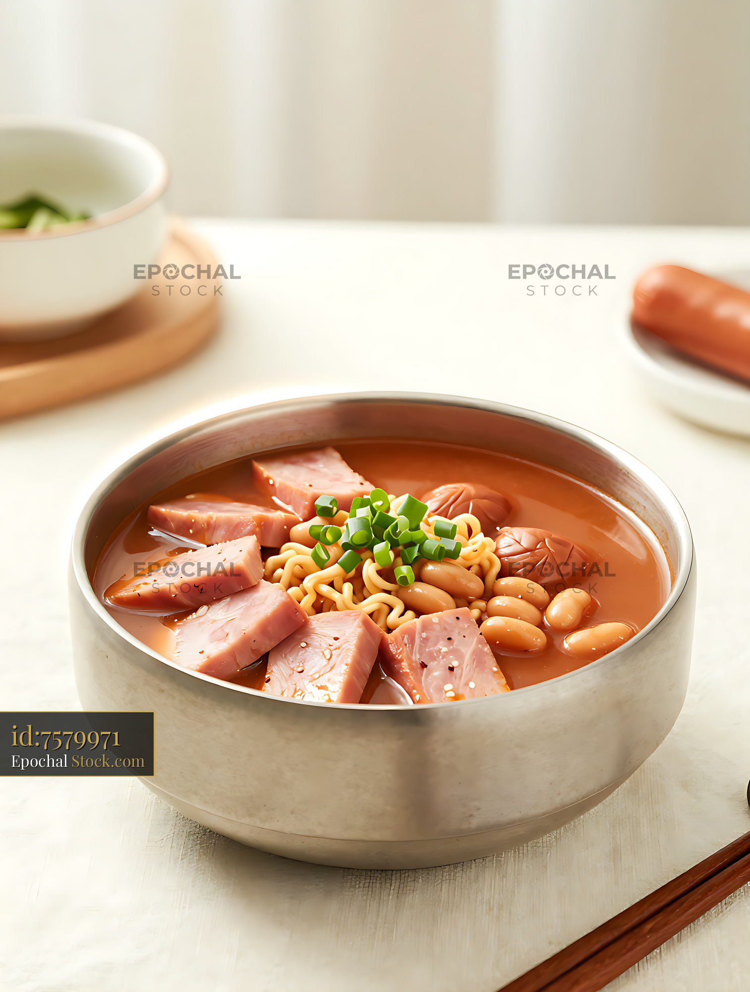 Korean Budae Jjigae with ham and ramen noodles in a metal bowl - stock photo