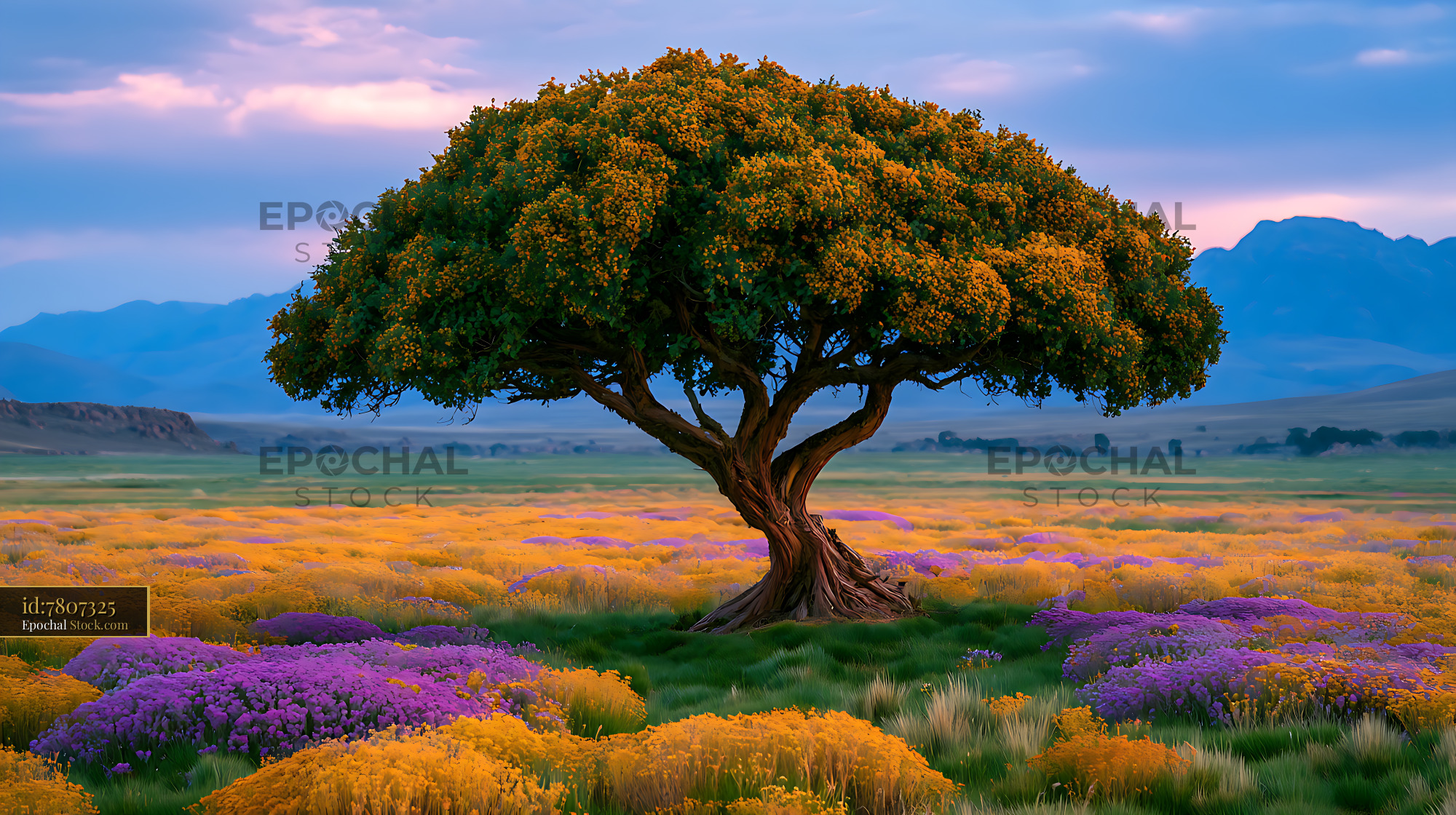 Ancient Polylepis tree in a blooming wildflower field in the Altiplano - stock photo