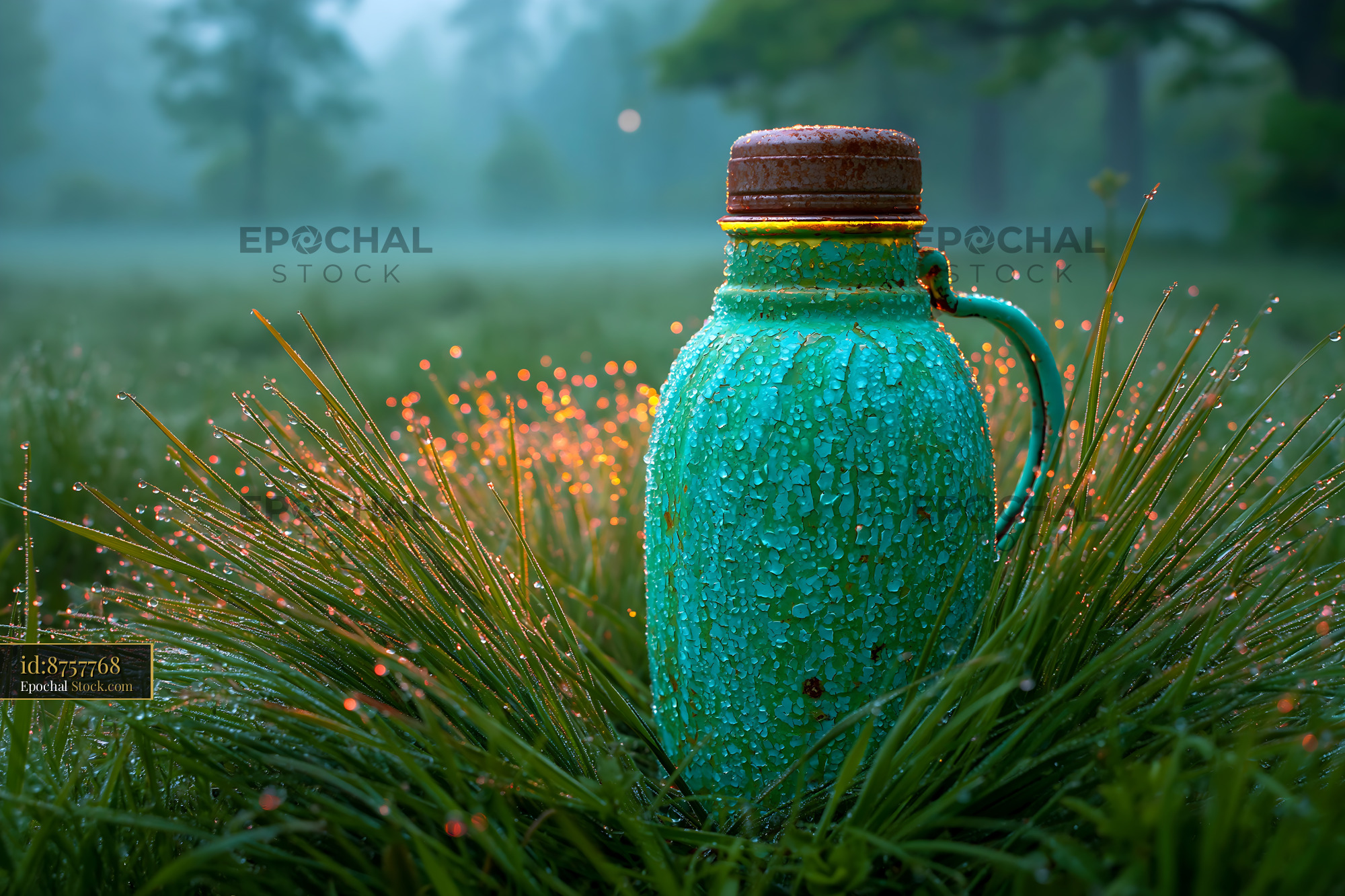 Vintage green thermos in dewy grass at foggy sunrise