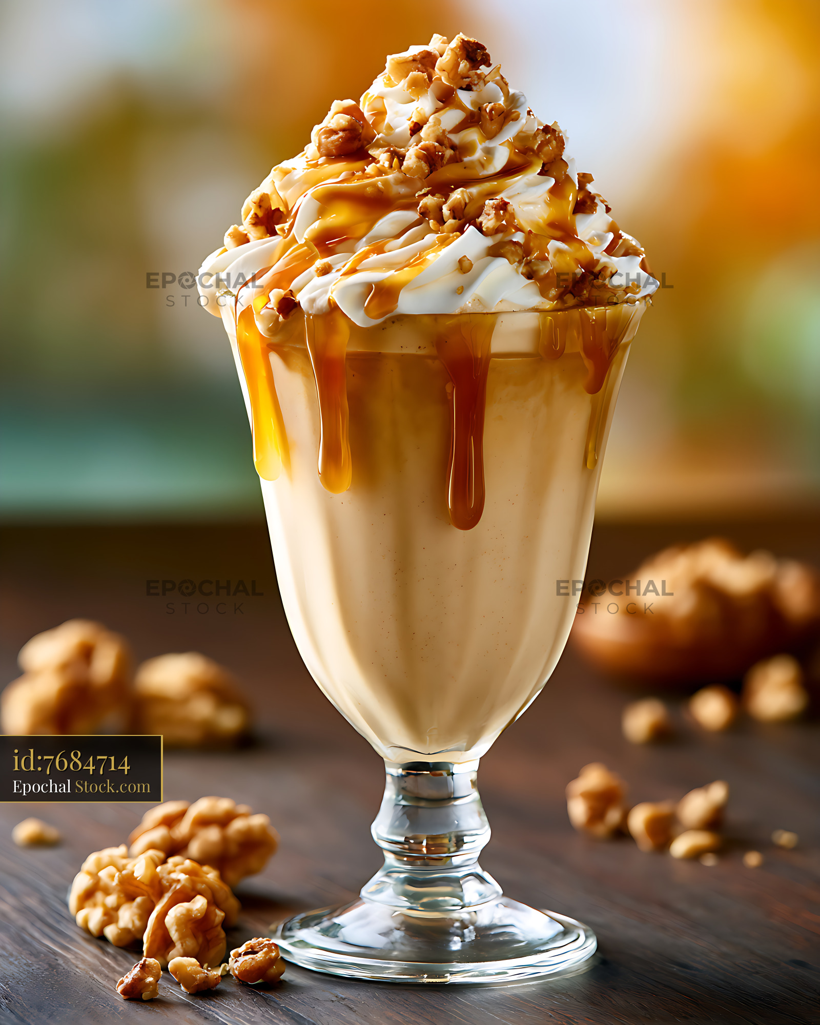 Creamy maple walnut milkshake with whipped cream and caramel drizzle - stock photo