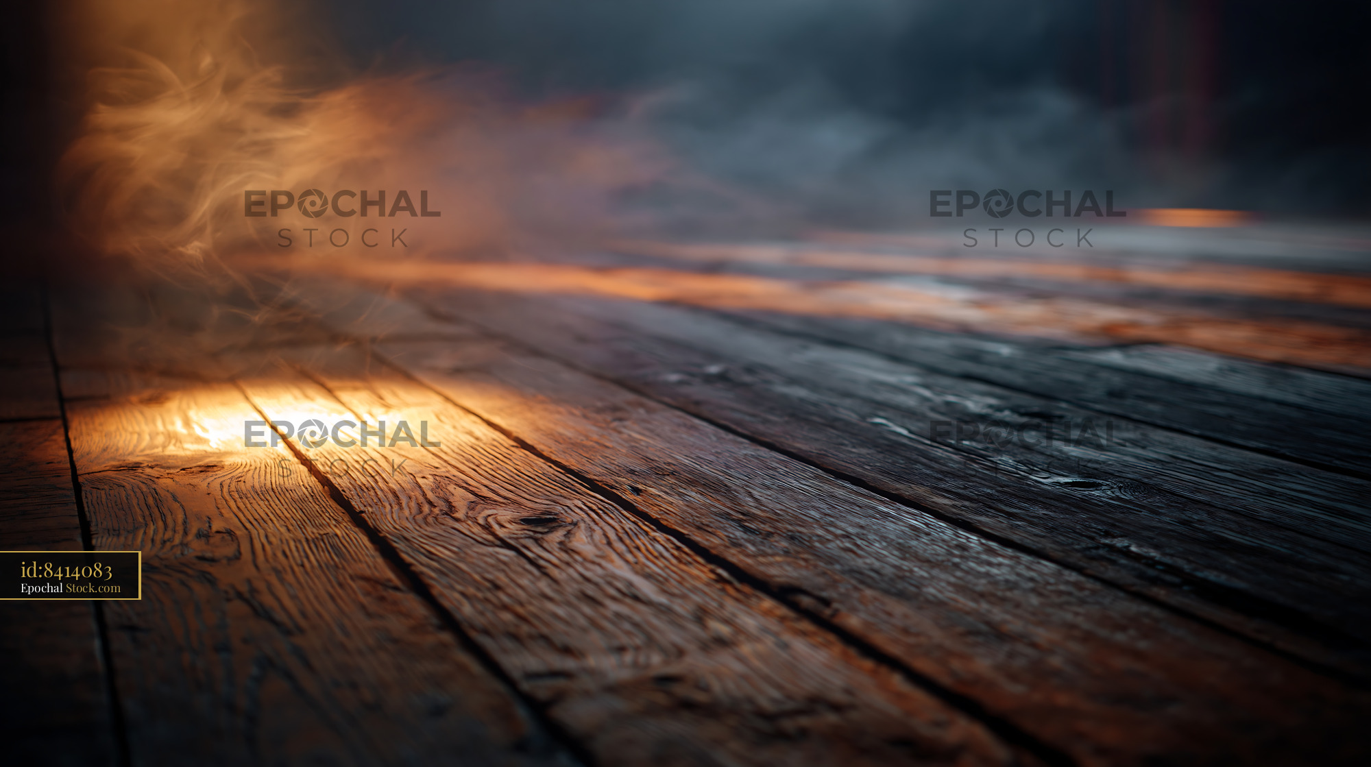 Rustic wooden floor with warm spotlight and cinematic smoke - stock photo