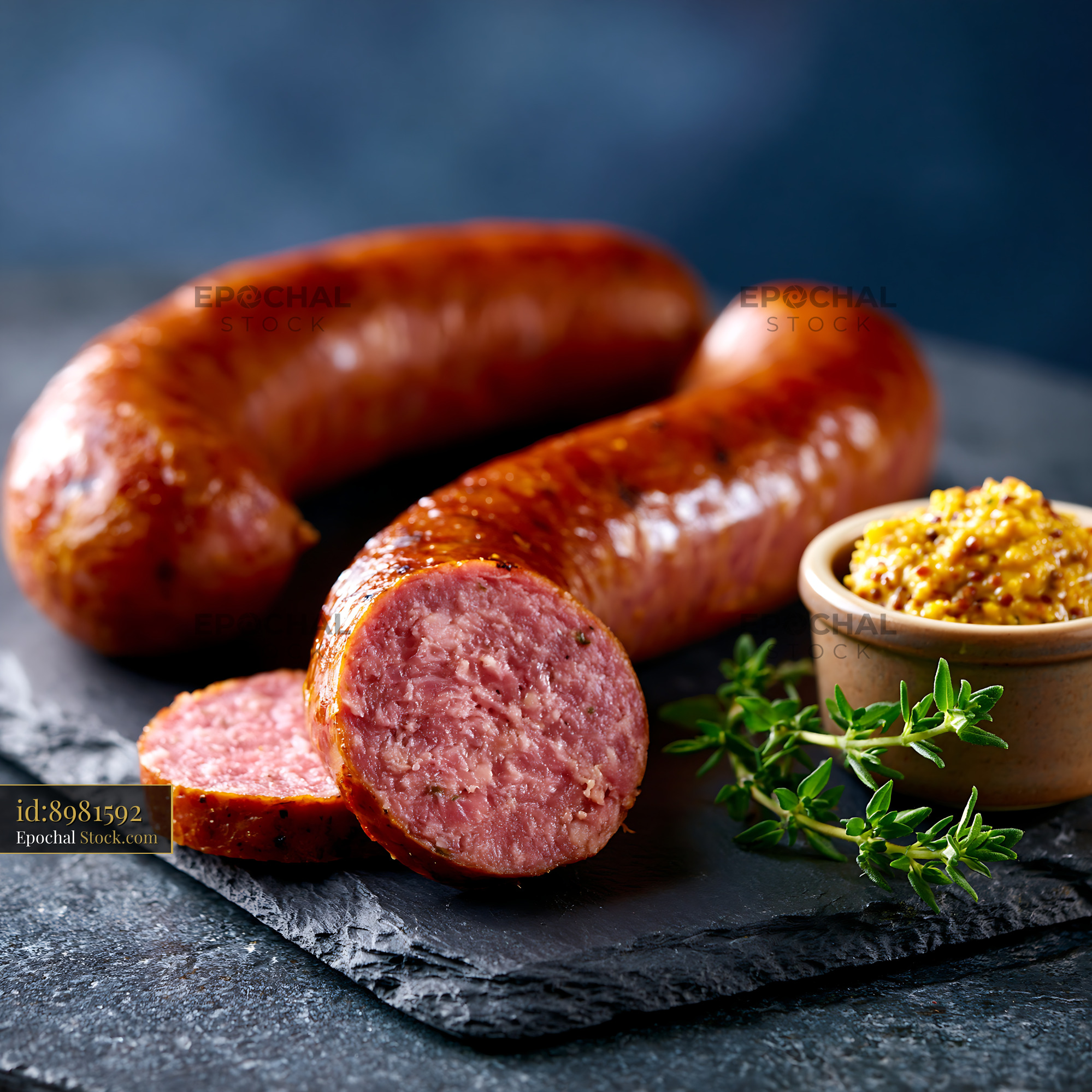 Traditional saucisse de montbeliard meat served with mustard on slate - stock photo