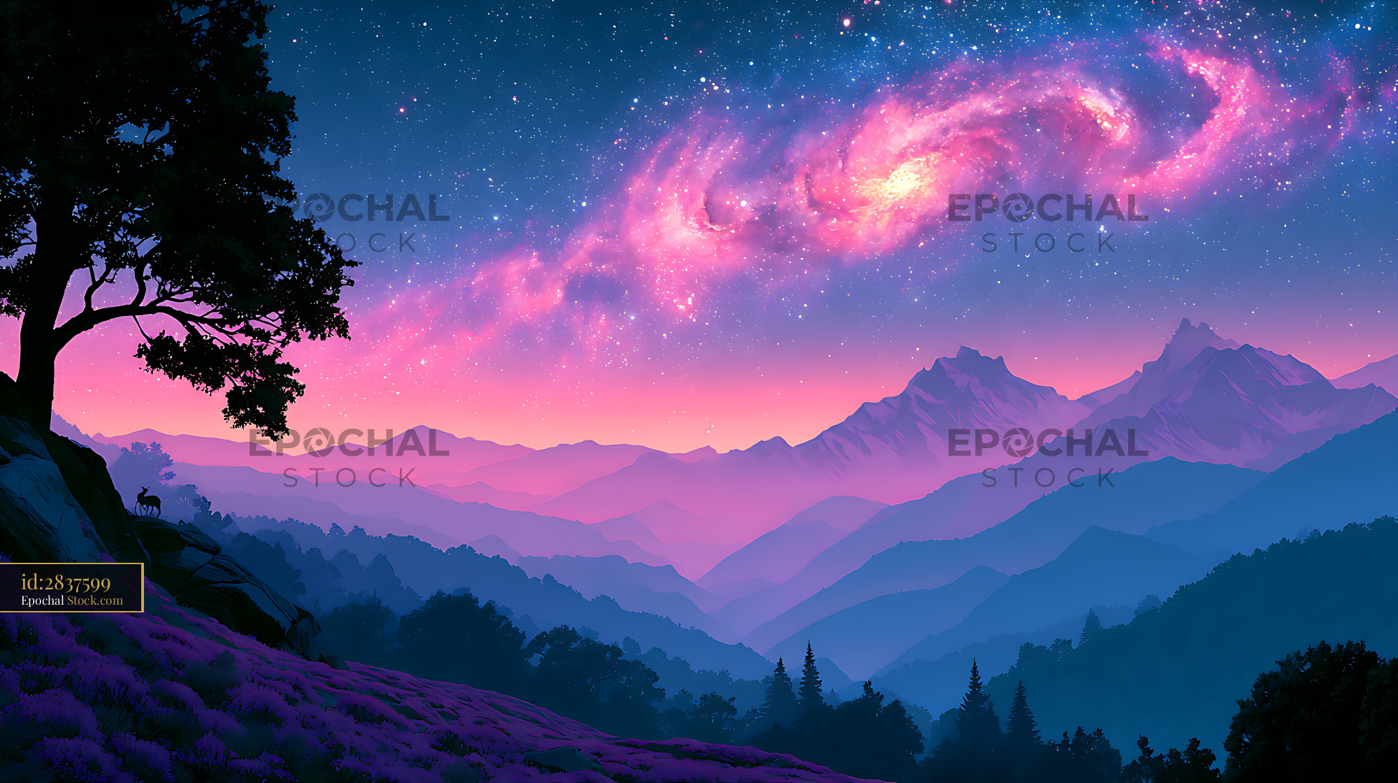 Galactic core glowing over alpine pasture and mountain peaks - stock photo