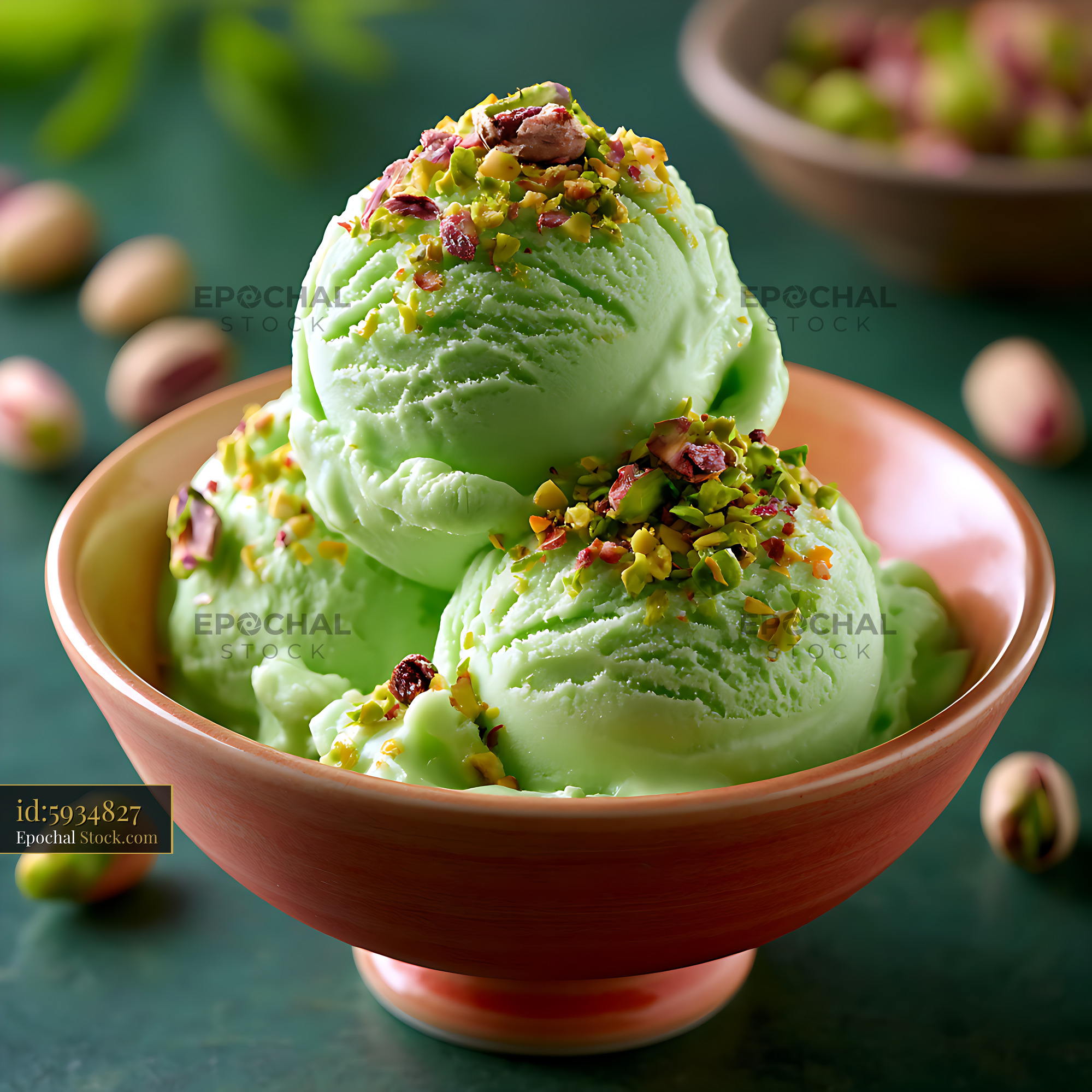 Creamy pistachio gelato scoops in a bowl topped with crushed nuts - stock photo