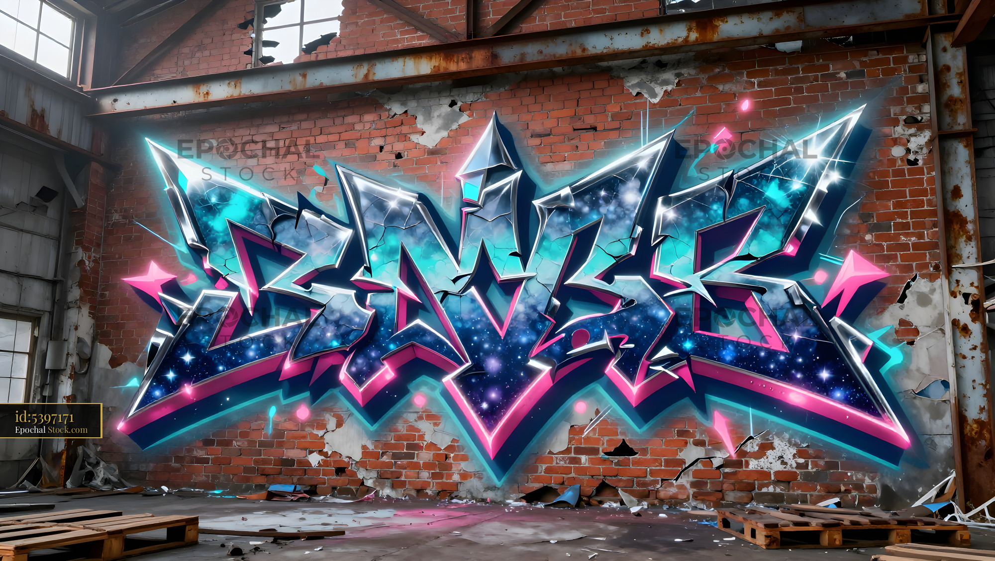 Colorful graffiti on an old brick wall in an empty space Premium Stock Photo