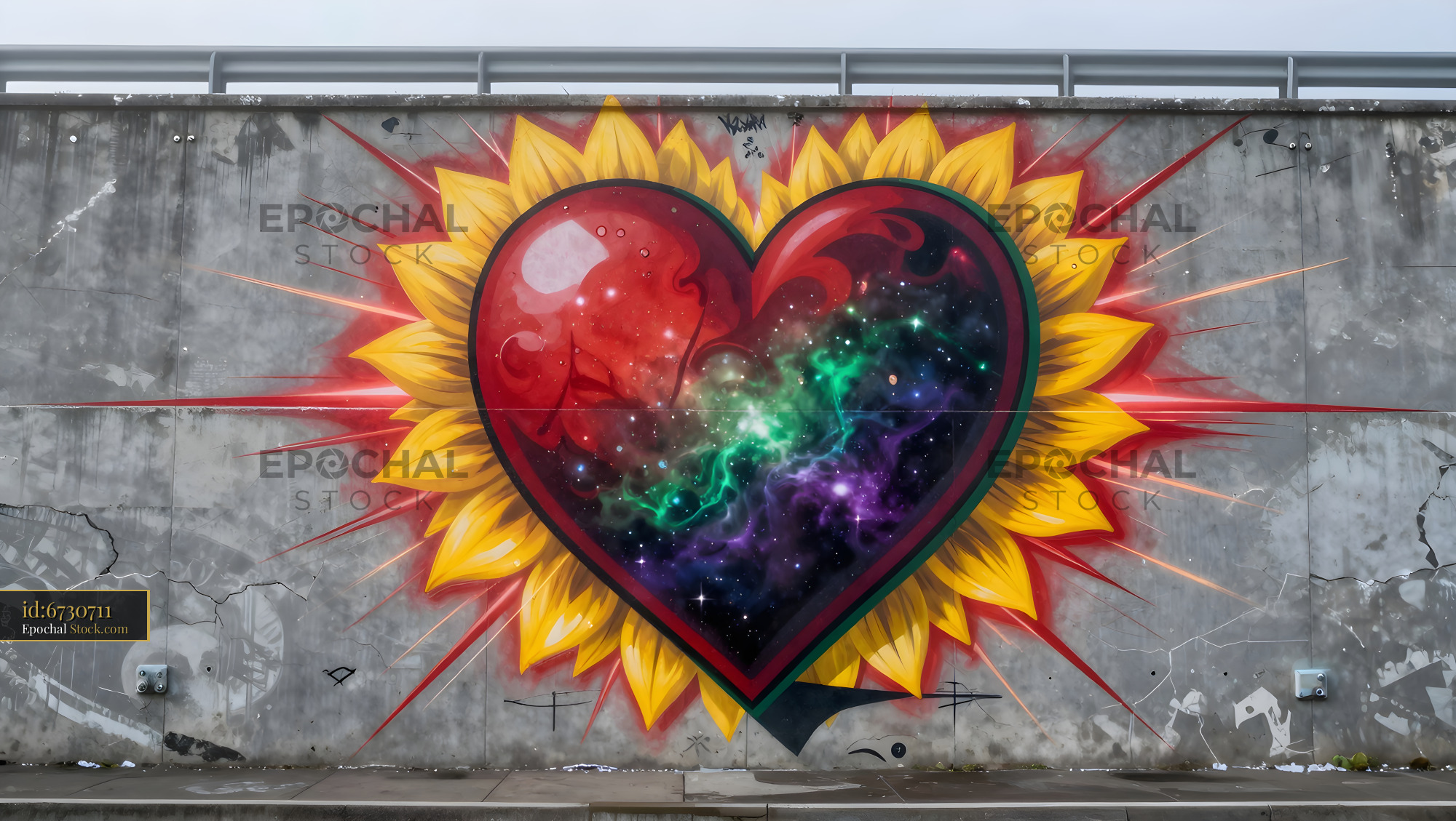 Colorful mural of a heart with sunflowers on a wall Premium Stock Image