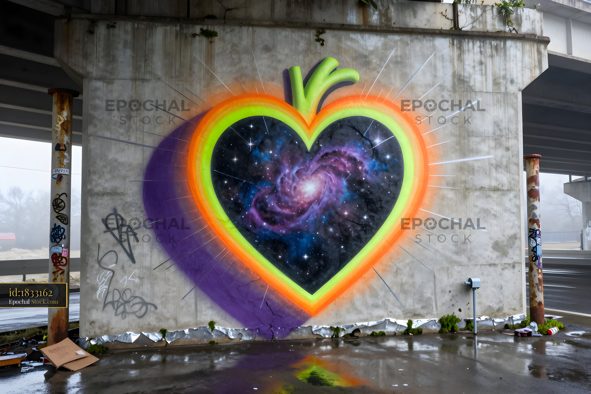 Colorful heart mural on concrete wall under highway Premium Stock Image