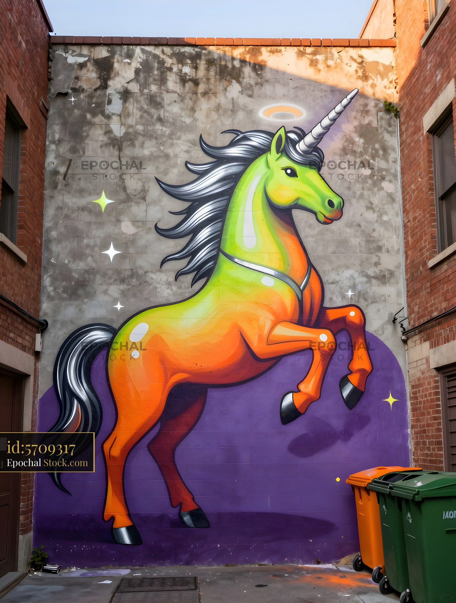 Colorful unicorn mural in an alley in a city Premium Stock Photo
