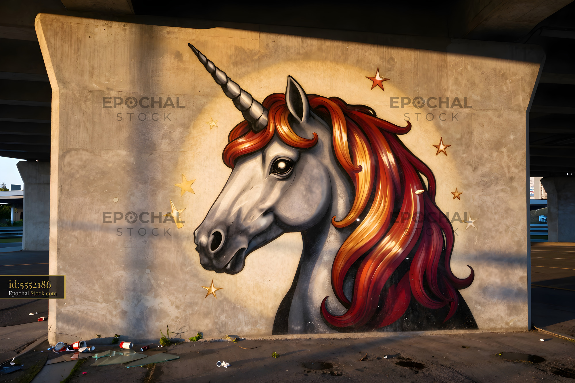 Unicorn mural under highway bridge in urban setting Premium Stock Image