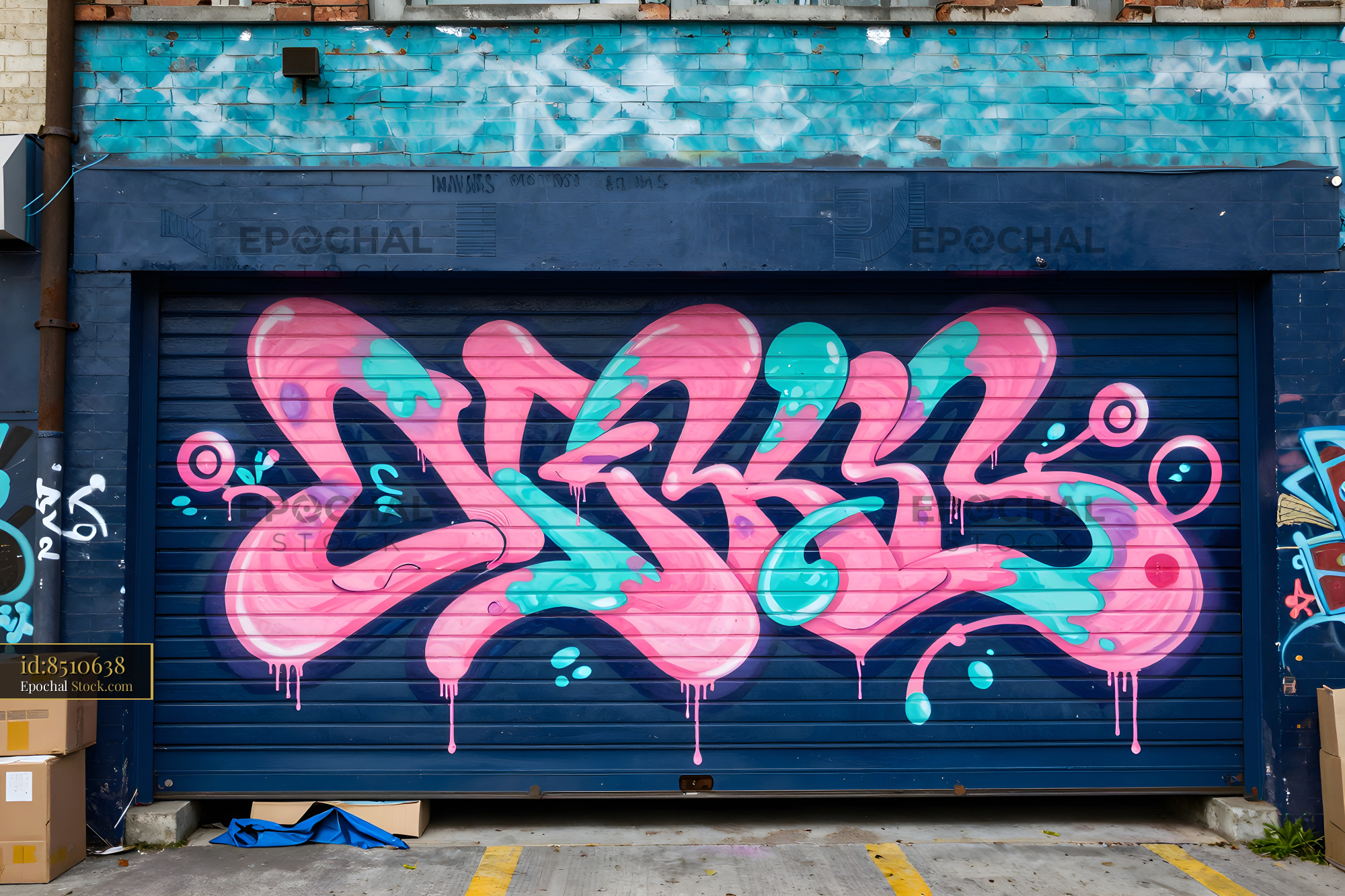 Colorful graffiti art on a garage door in an urban area Premium Stock Image