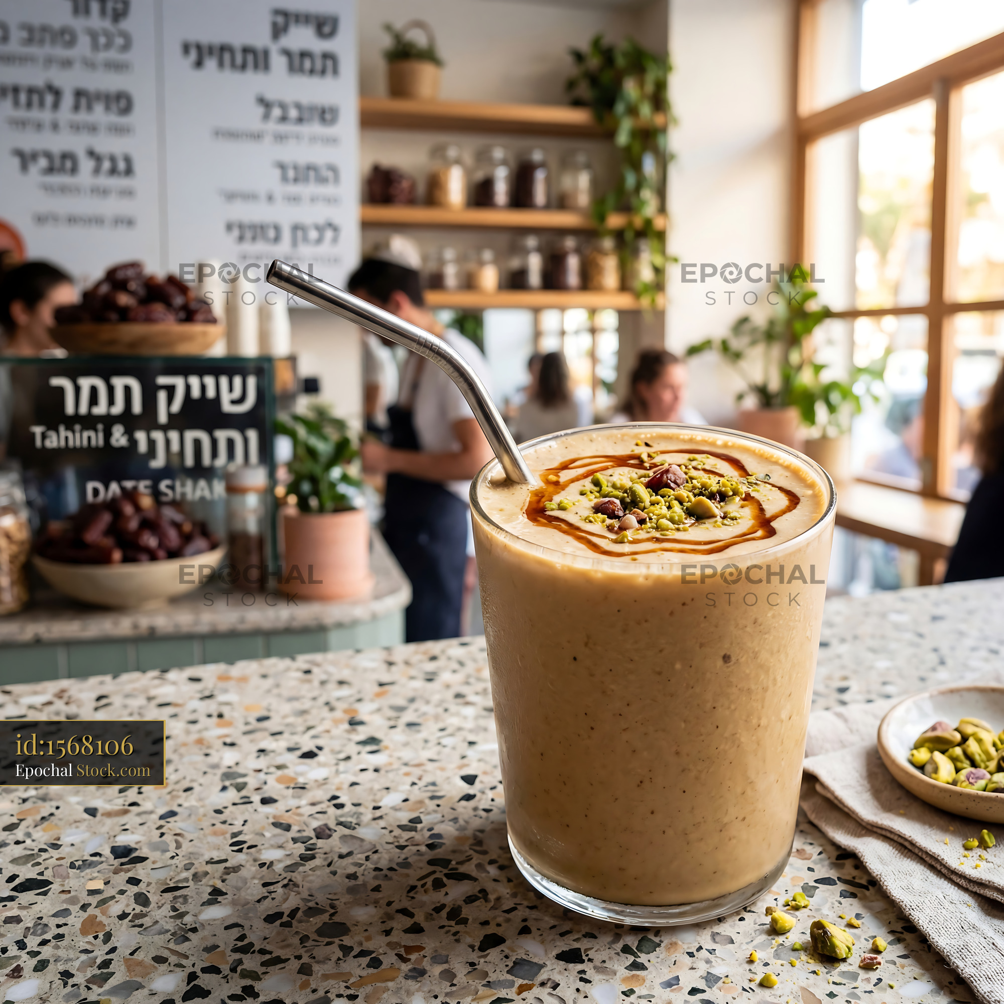 Tahini Date Shake with Pistachio in Modern Cafe - stock photo