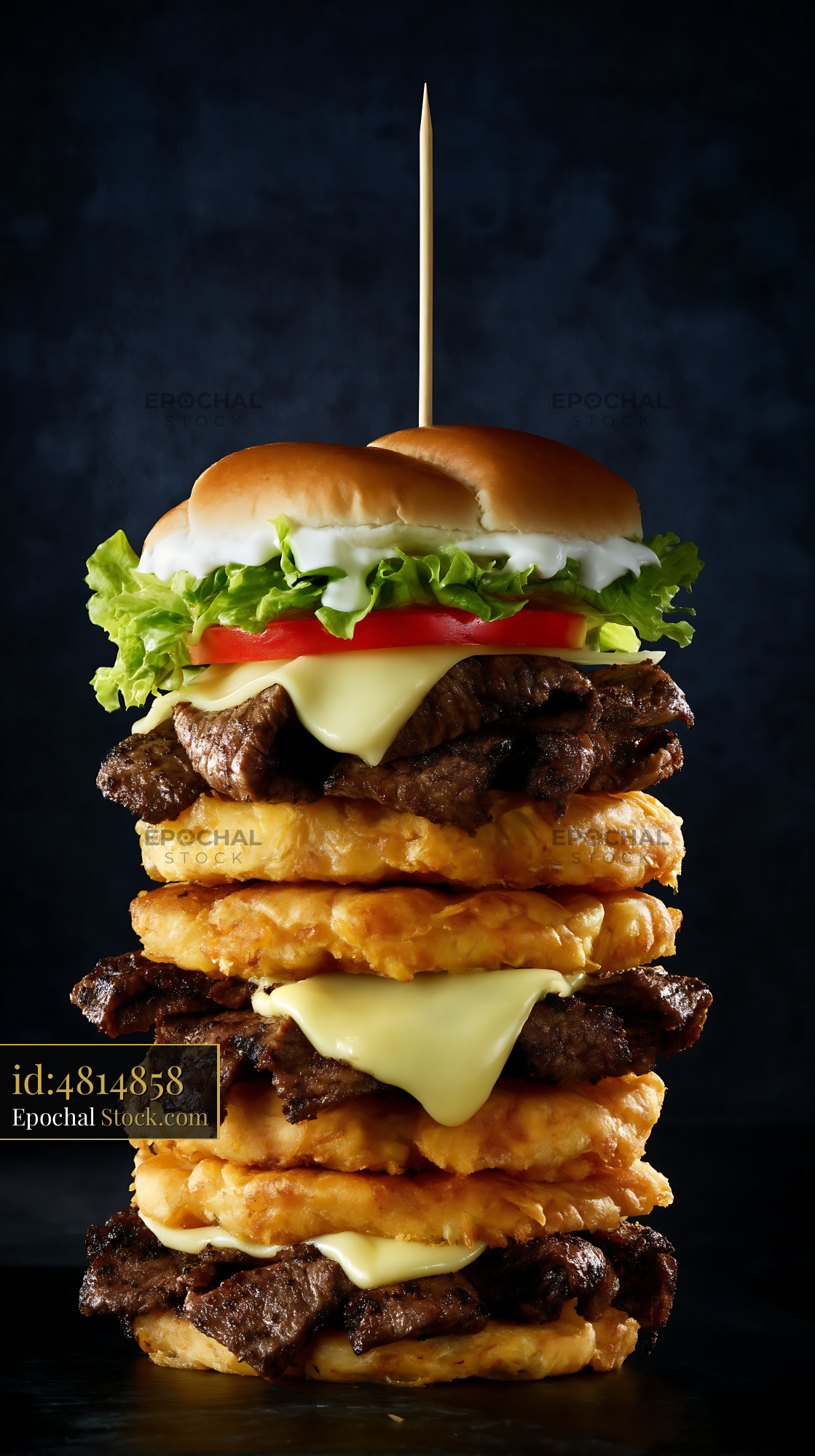 Jibarito Burger Tower Stacked with Beef, Cheese, and Fried Plantains - stock photo